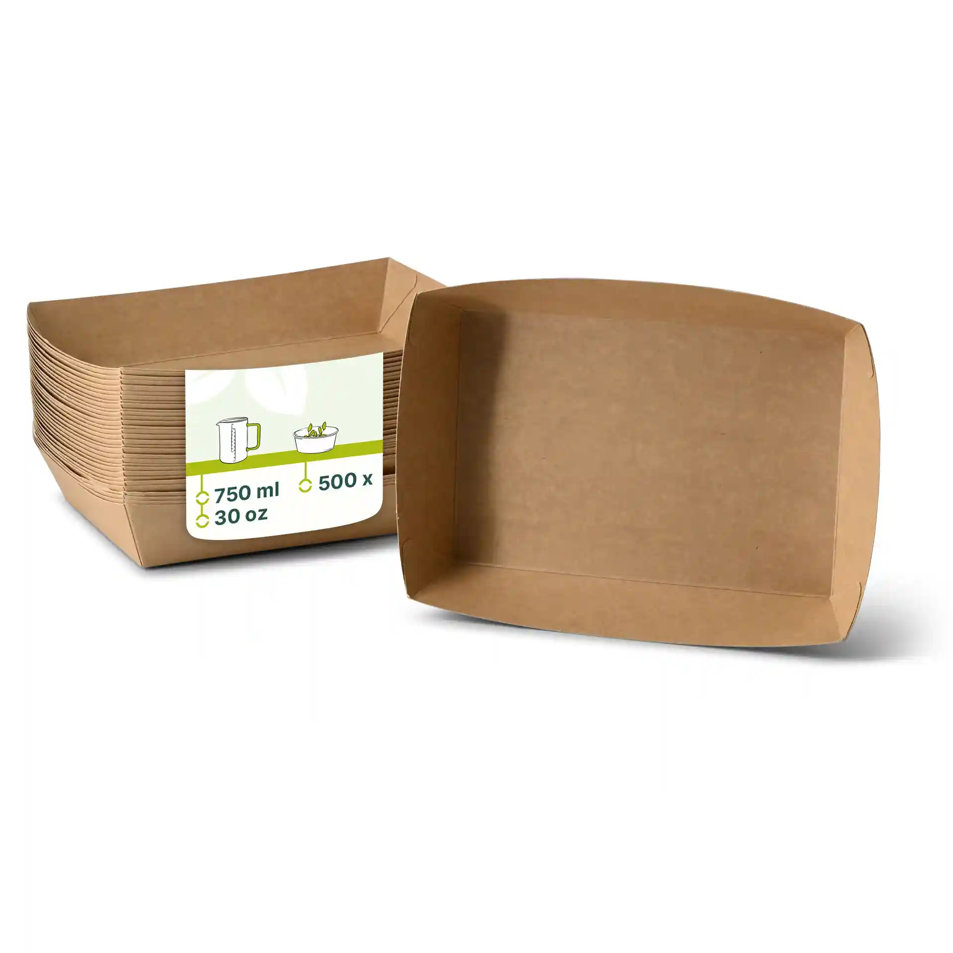 Plateaux alimentaires en carton brun de forme rectangulaire, un plateau montré debout avec plusieurs empilés derrière.