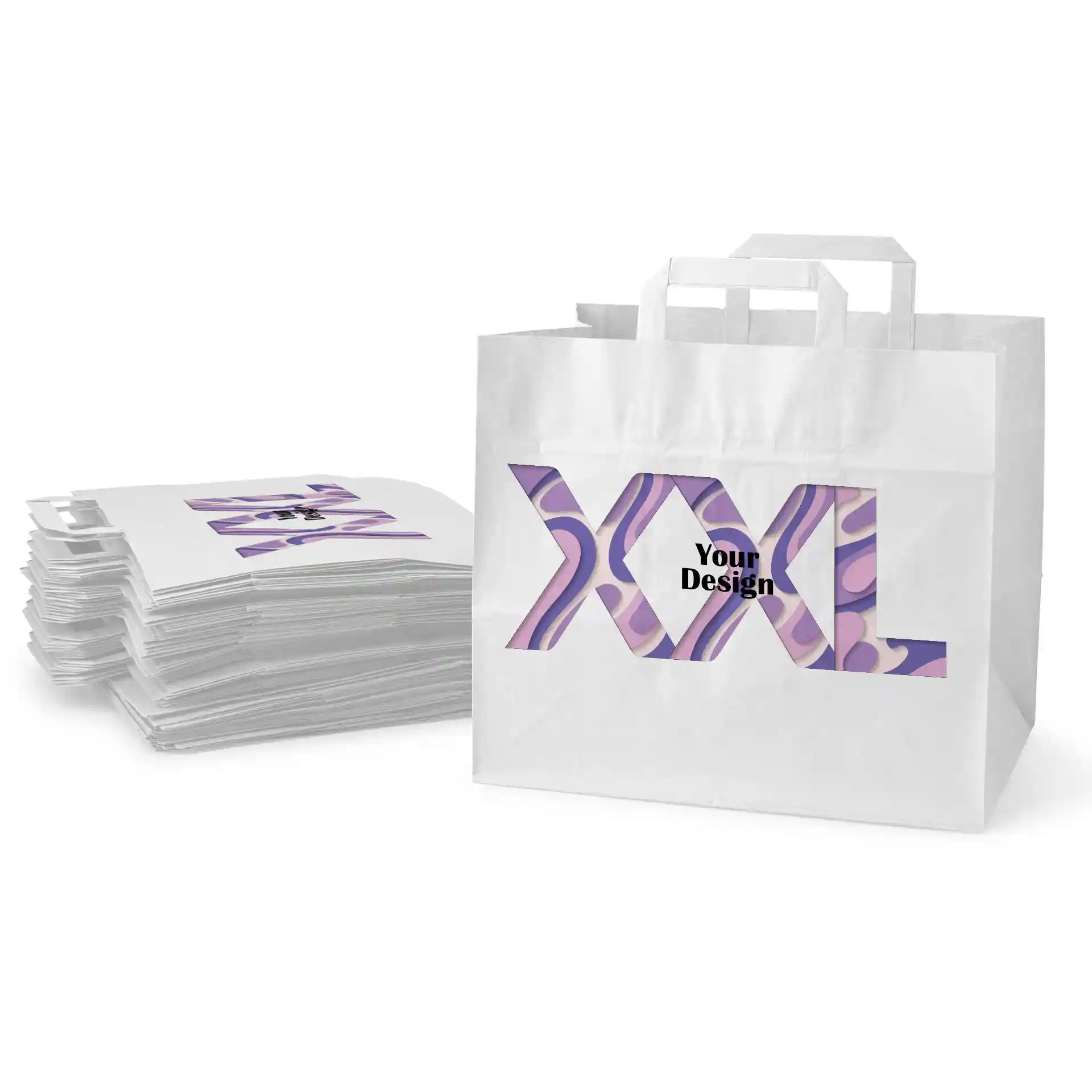 Sac en papier blanc avec un design découpé montrant "XXL" et "Votre Design", avec plusieurs sacs empilés derrière.