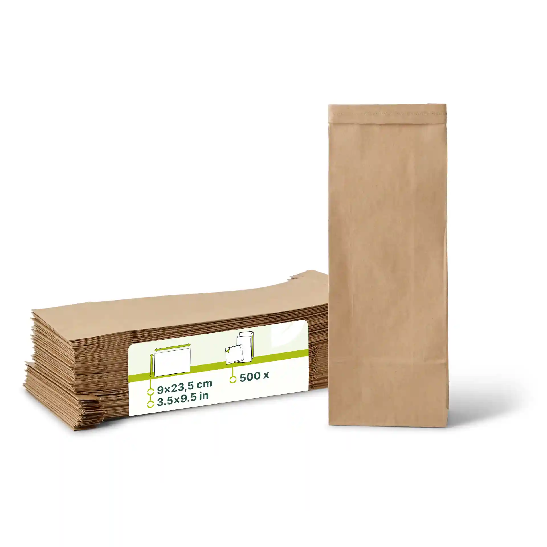 Sac en papier brun à fond plat avec attache métallique, mesurant 9 x 4,5 x 23,5 cm, exposé avec plusieurs sacs similaires.