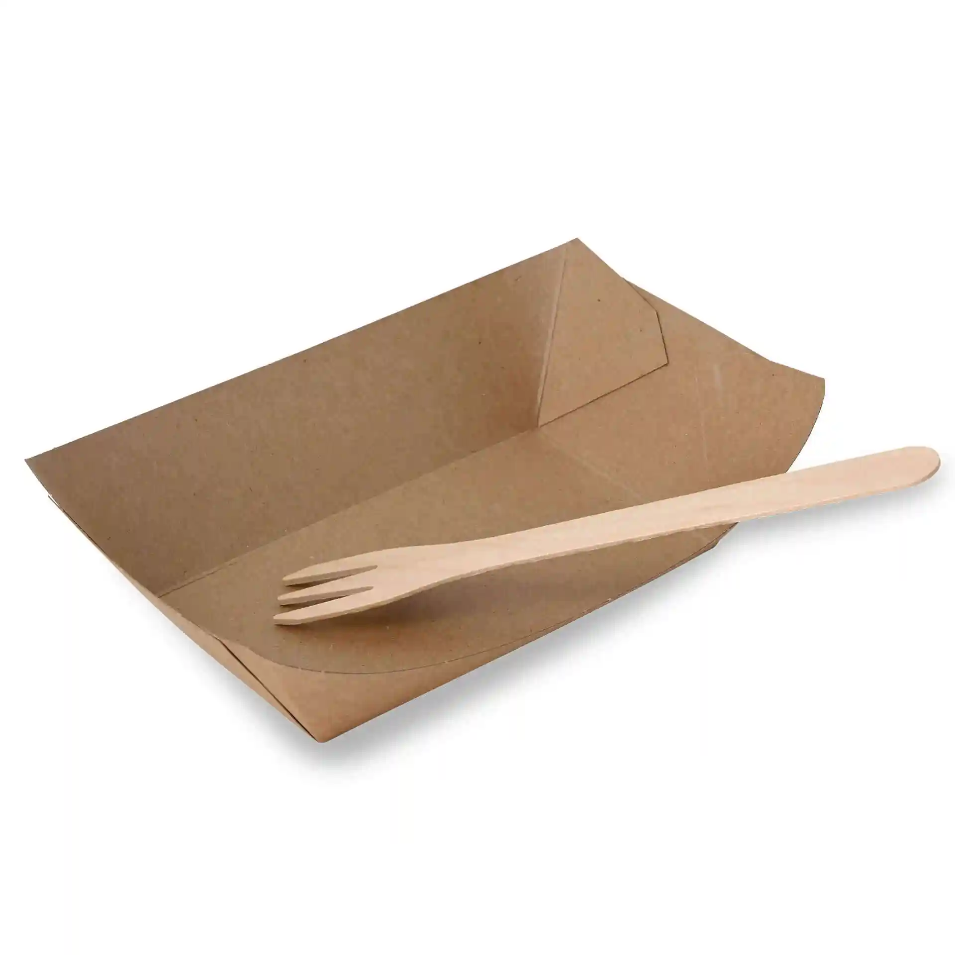 Plateau alimentaire en carton rectangulaire brun avec une fourchette en bois à l'intérieur.