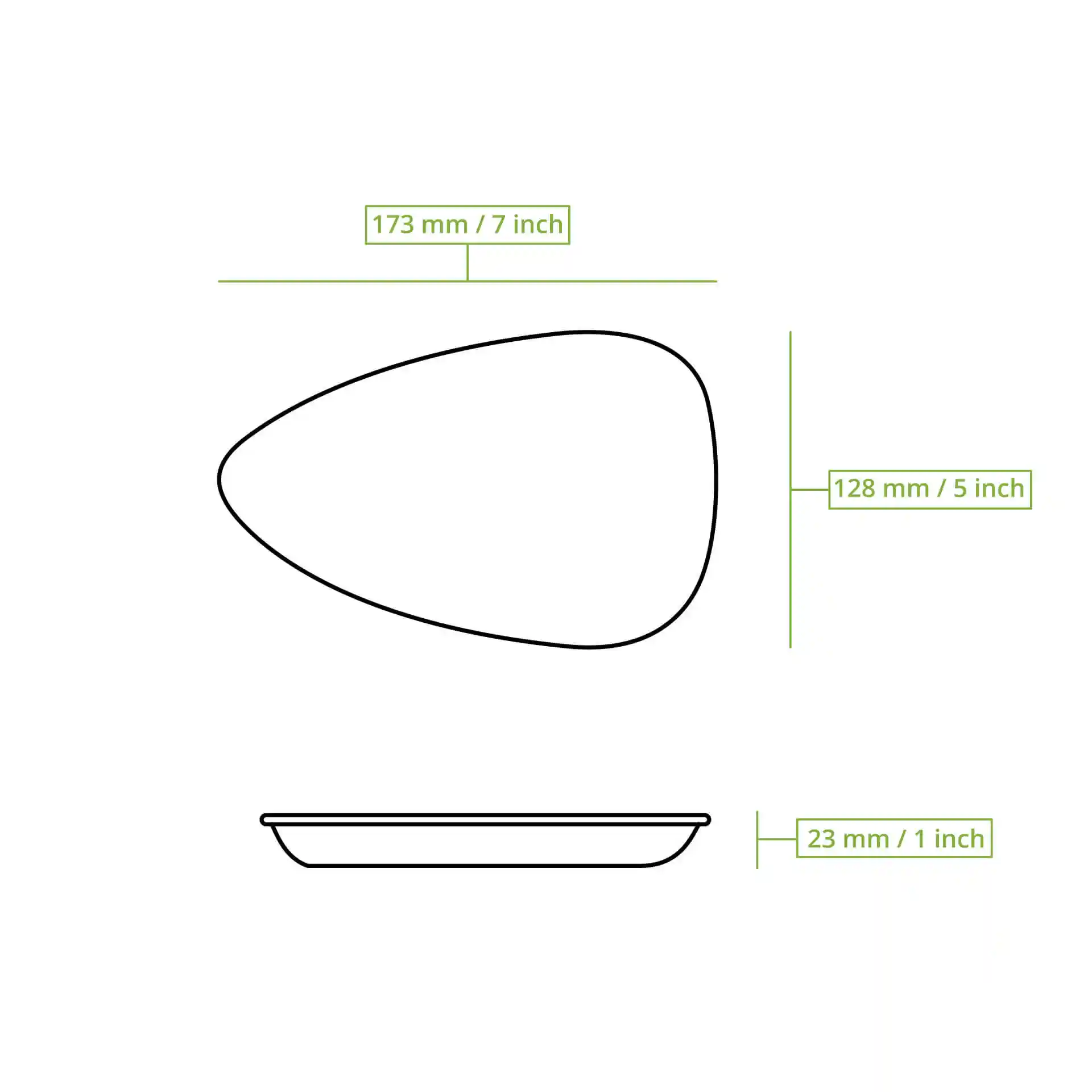 Dessin schématique d'une assiette en feuille de palmier en forme de goutte avec des dimensions : 173 mm de long, 128 mm de large et 23 mm de haut.
