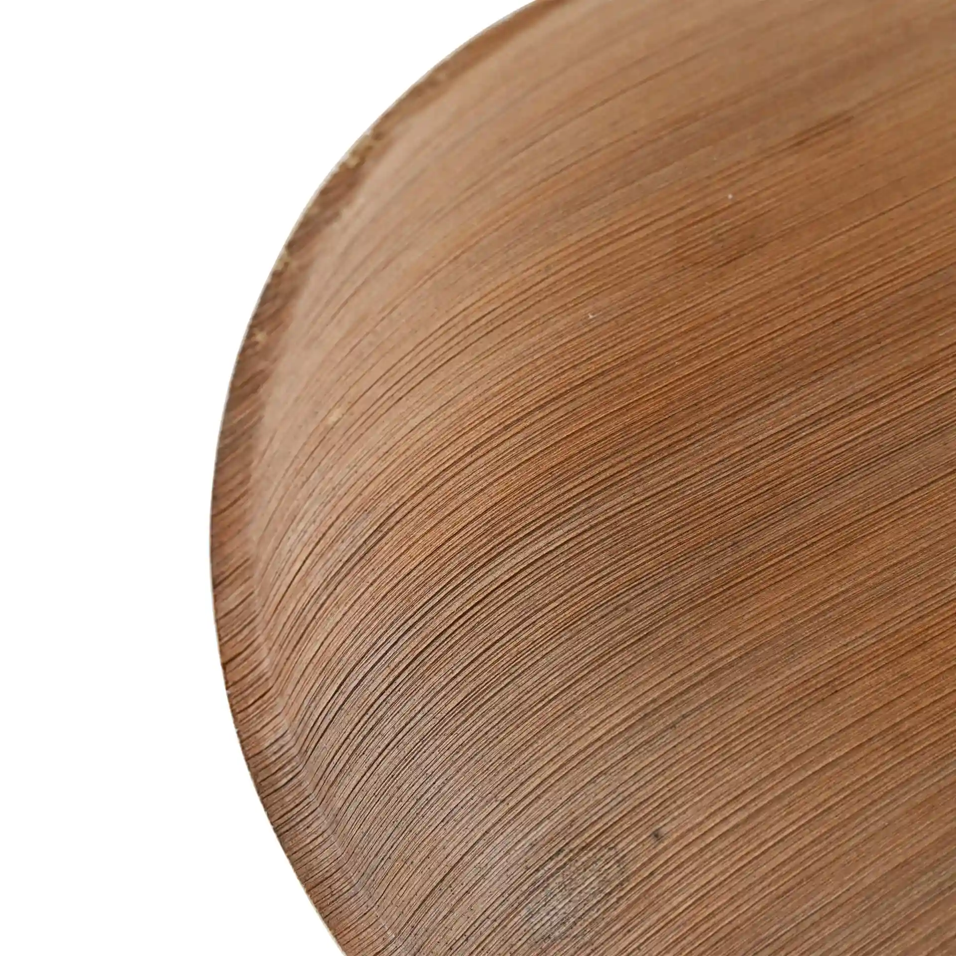 Vue rapprochée d'une assiette ronde en feuille de palmier avec une surface texturée, mesurant 15 cm de diamètre.