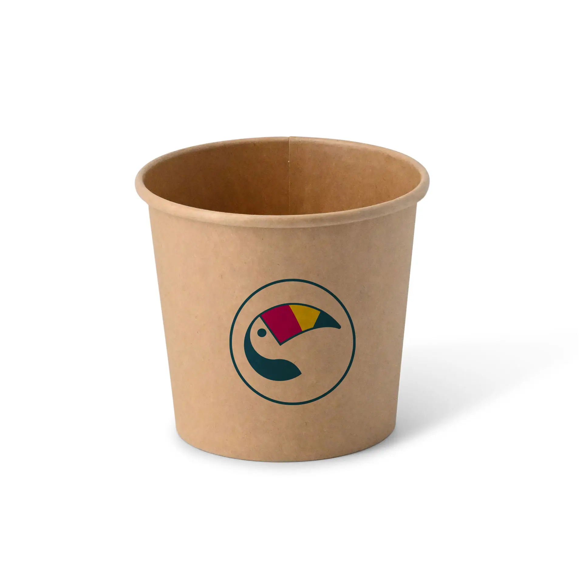 Gobelet à glace marron avec un logo de toucan, fabriqué à partir de matériaux compensés pour le climat, 250 ml de capacité.