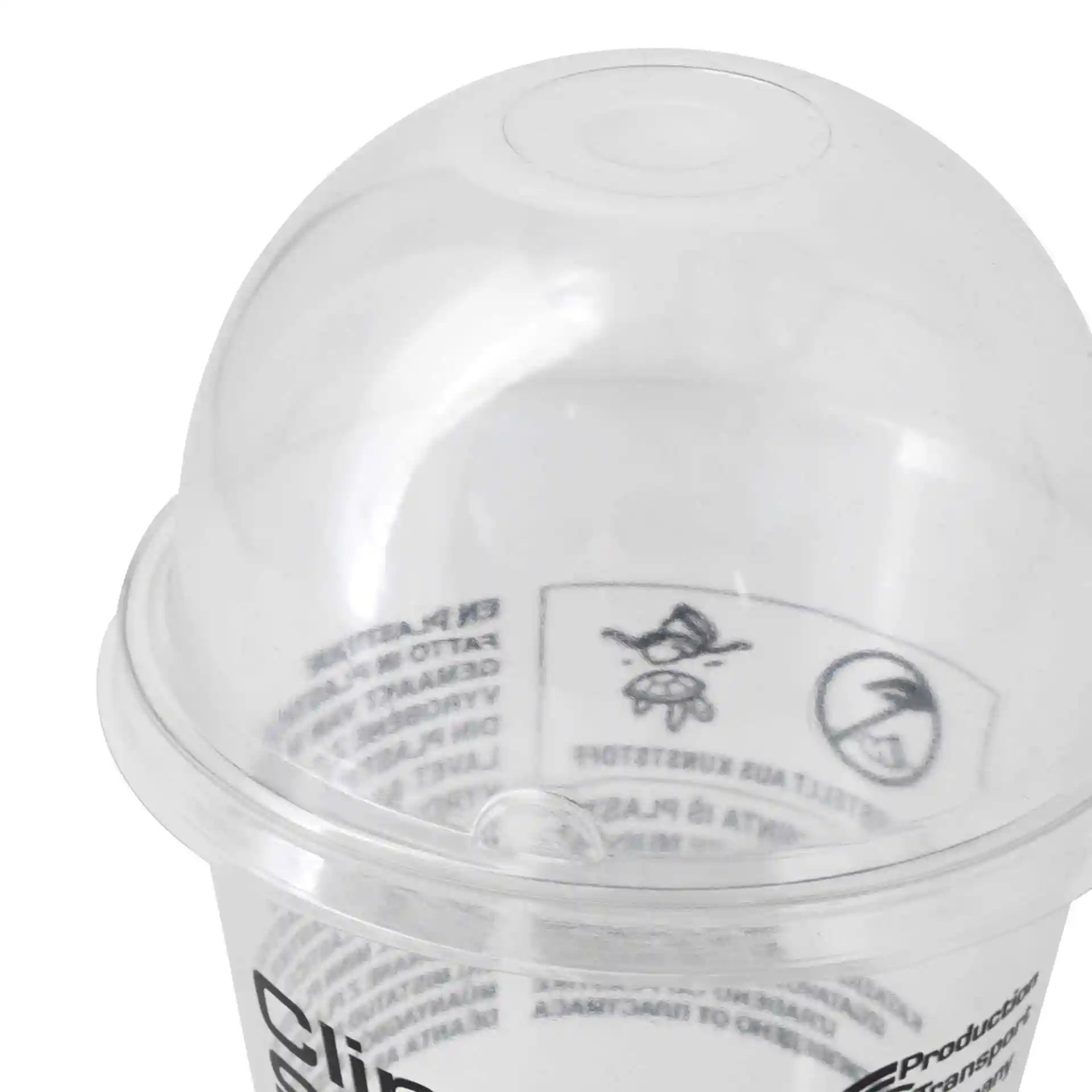 Couvercle en rPET transparent de 90,5 mm de diamètre et 48 mm de hauteur, design fermé.