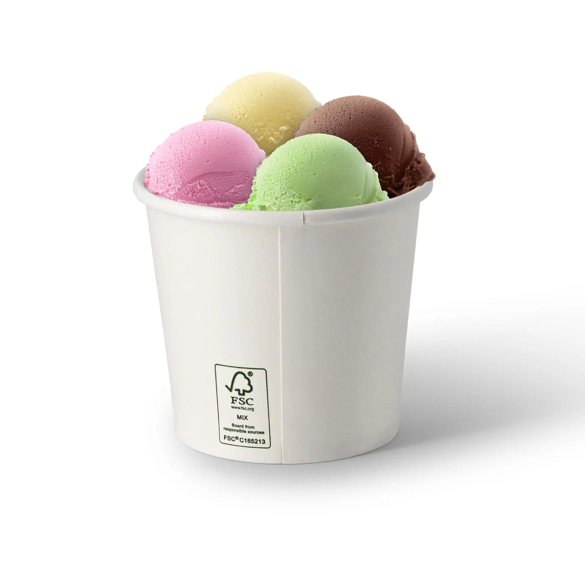 Quatre boules de glace dans un contenant en papier blanc ; comprend chocolat, fraise, melon vert et saveurs jaunes.