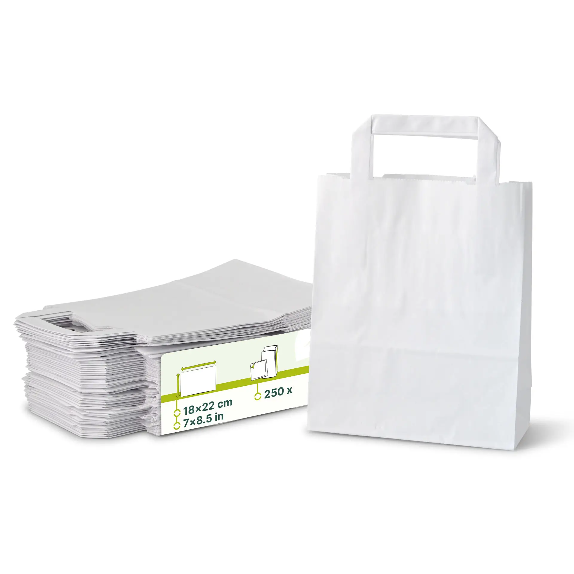 Sacs en papier blanc à design plat, présentés avec une pile derrière et des dimensions de 18 x 22 cm.