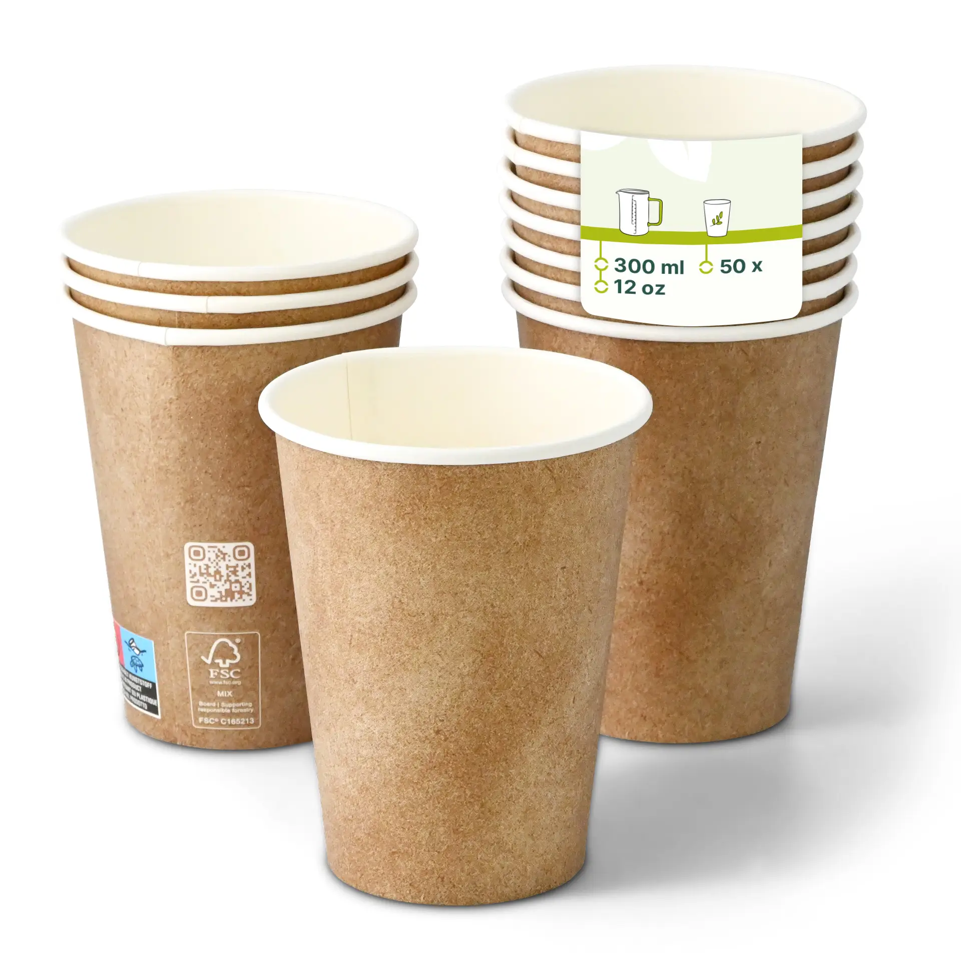Un gobelet en papier brun à paroi simple avec un revêtement intérieur blanc, entouré de gobelets similaires avec une opacité réduite ; contient une étiquette pour les détails du produit.