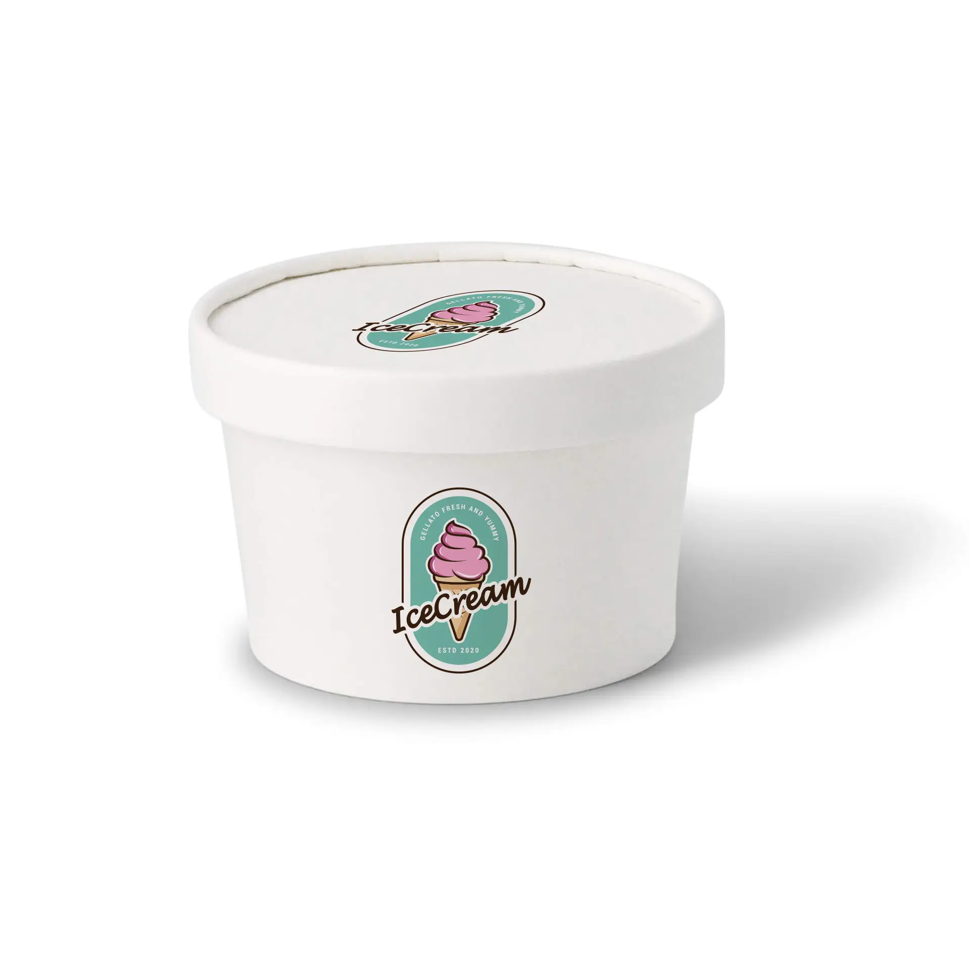 Couvercle en carton blanc pour un pot de crème glacée avec logo imprimé, adapté aux aliments froids et chauds.