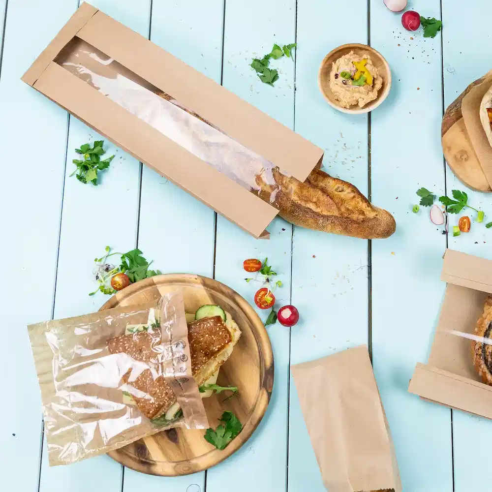 Sacs à sandwich en papier brun avec fenêtre, petit pain au sésame dans un sac plastique, et légumes frais sur une table bleue.