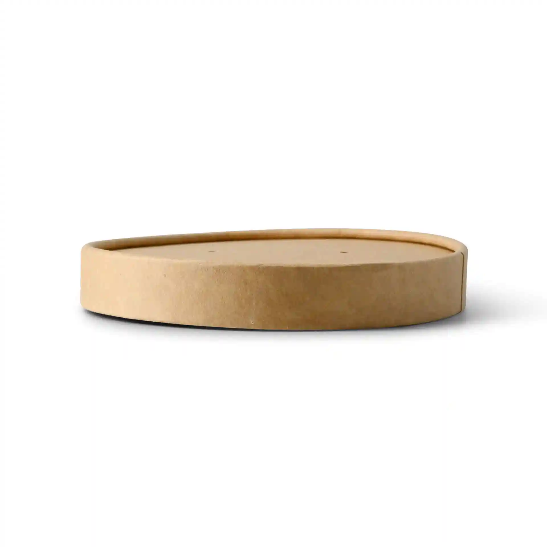 Couvercle en carton brun, forme ronde, diamètre de 100 mm, hauteur de 17 mm.