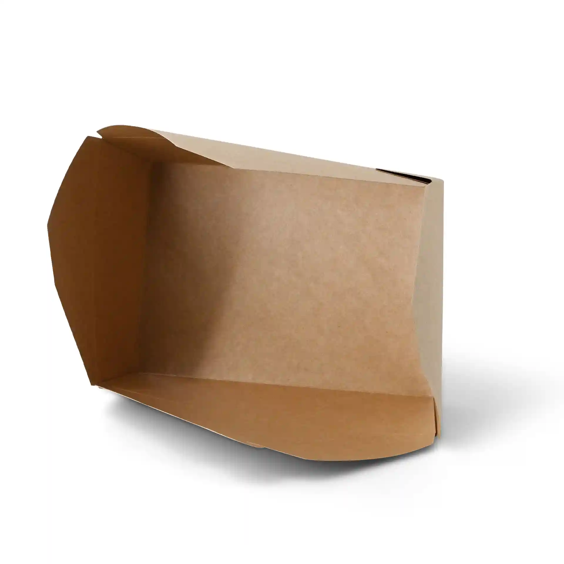 Conteneur à emporter rectangulaire marron en carton, vu en angle avec un dessus ouvert et sans fenêtre de visualisation.