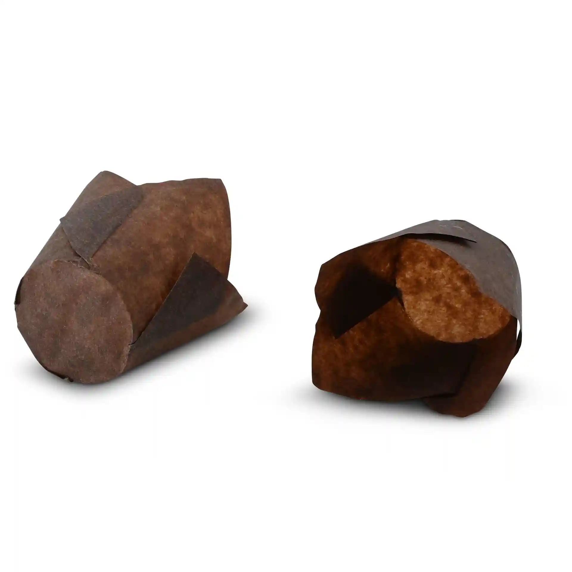 Cups à muffins en papier brun de 8 cm de hauteur et 5 cm de diamètre, présentés en deux positions.