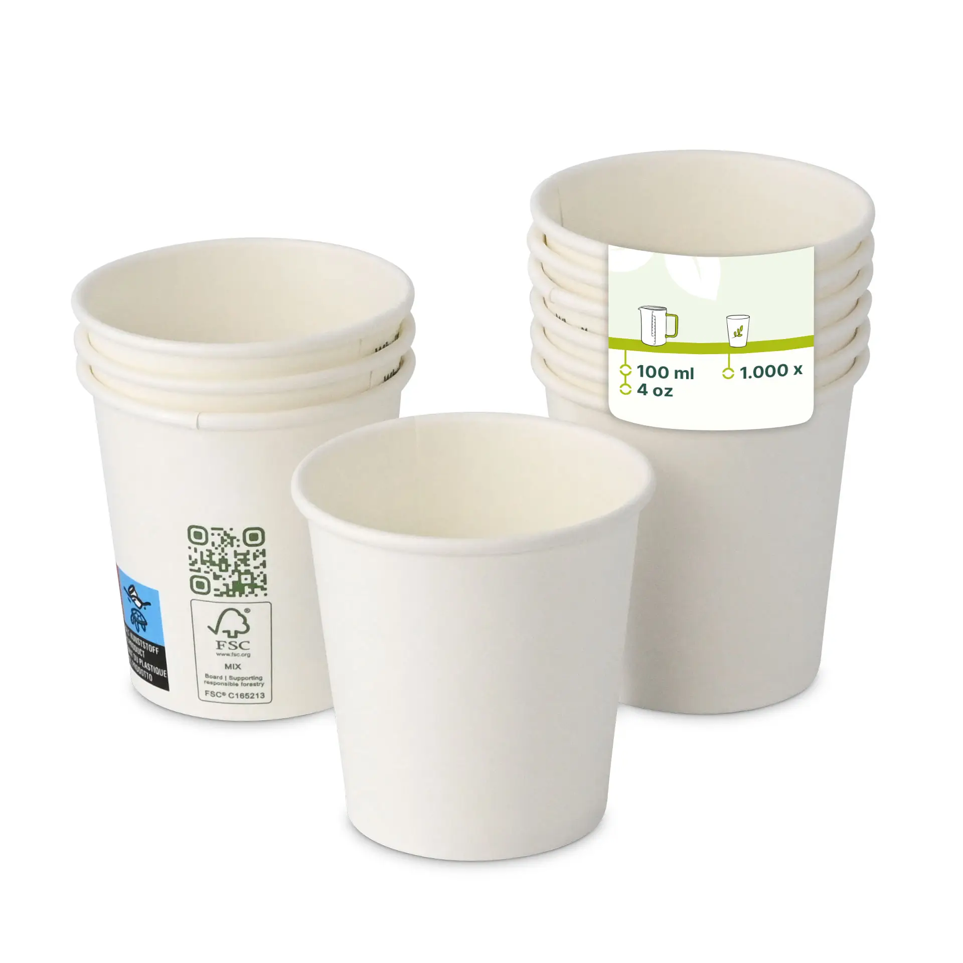 Un gobelet en papier blanc à paroi simple de 100 ml (4 oz) avec revêtement PLA ; plusieurs gobelets similaires en arrière-plan avec opacité réduite.