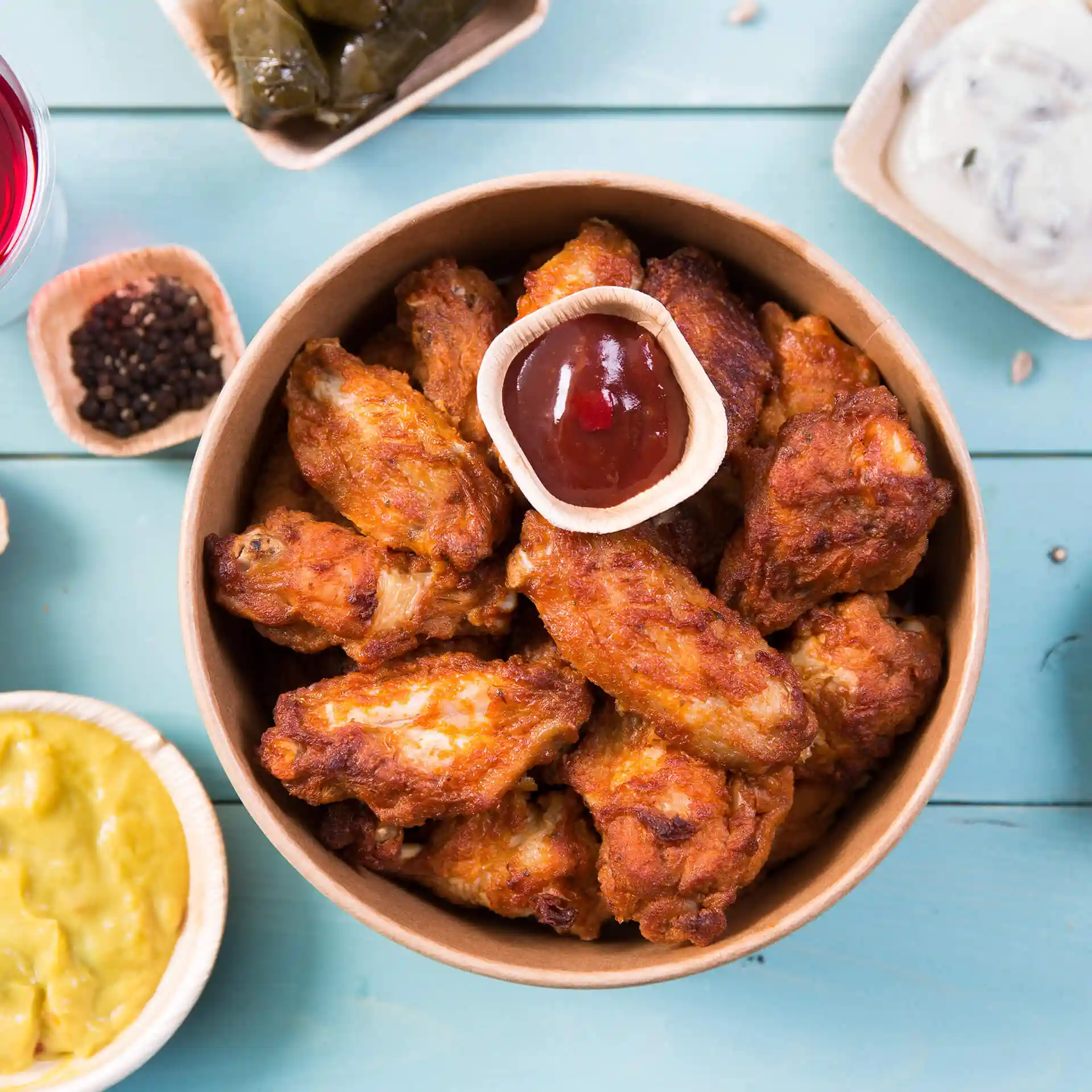 Bol rempli d'ailes de poulet frites, surmonté d'une petite portion de ketchup, entouré de condiments sur une surface bleue.