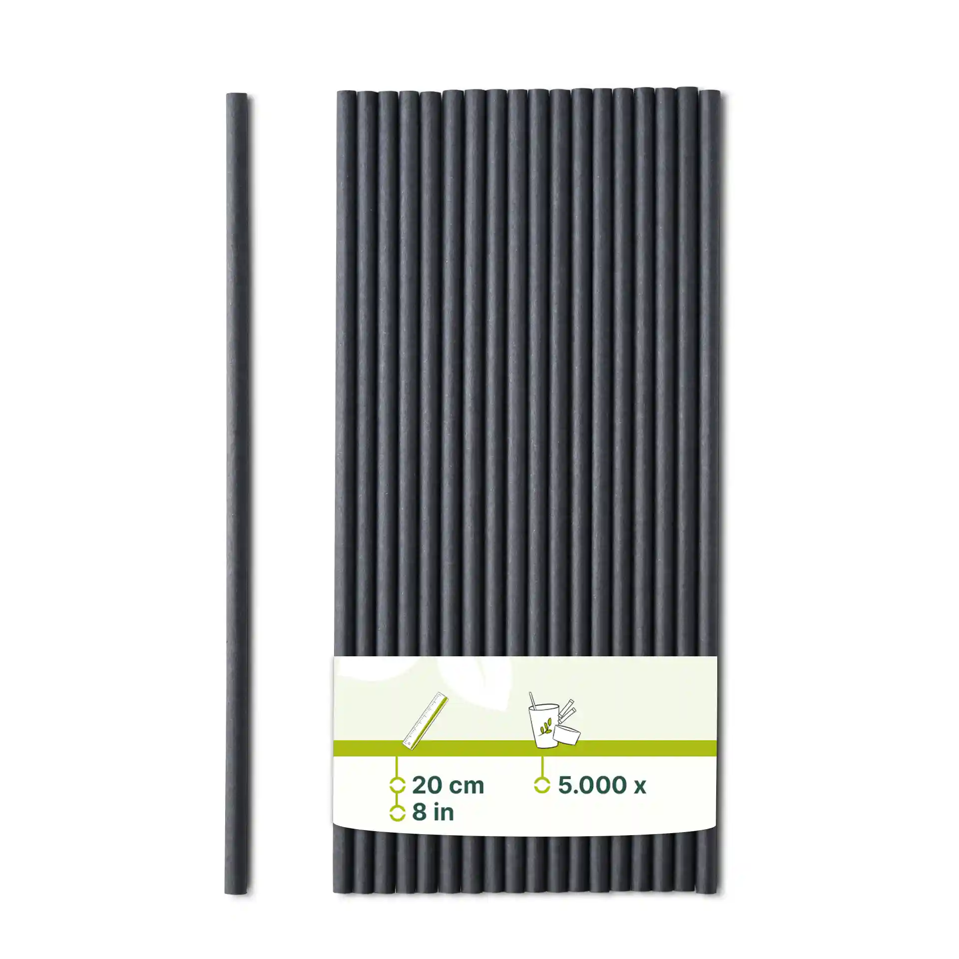 Pailles en papier noires, longues de 20 cm et d'un diamètre de 0,5 cm, disposées verticalement avec une étiquette montrant les détails du produit.