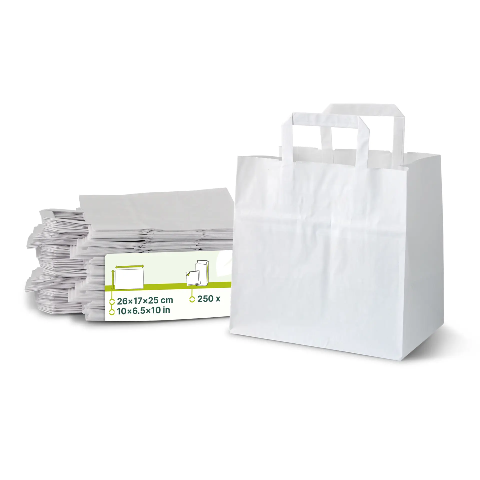 Sacs de transport en papier kraft blancs, taille L (26x17x25 cm), robustes avec poignées, pile de plusieurs sacs montrée.