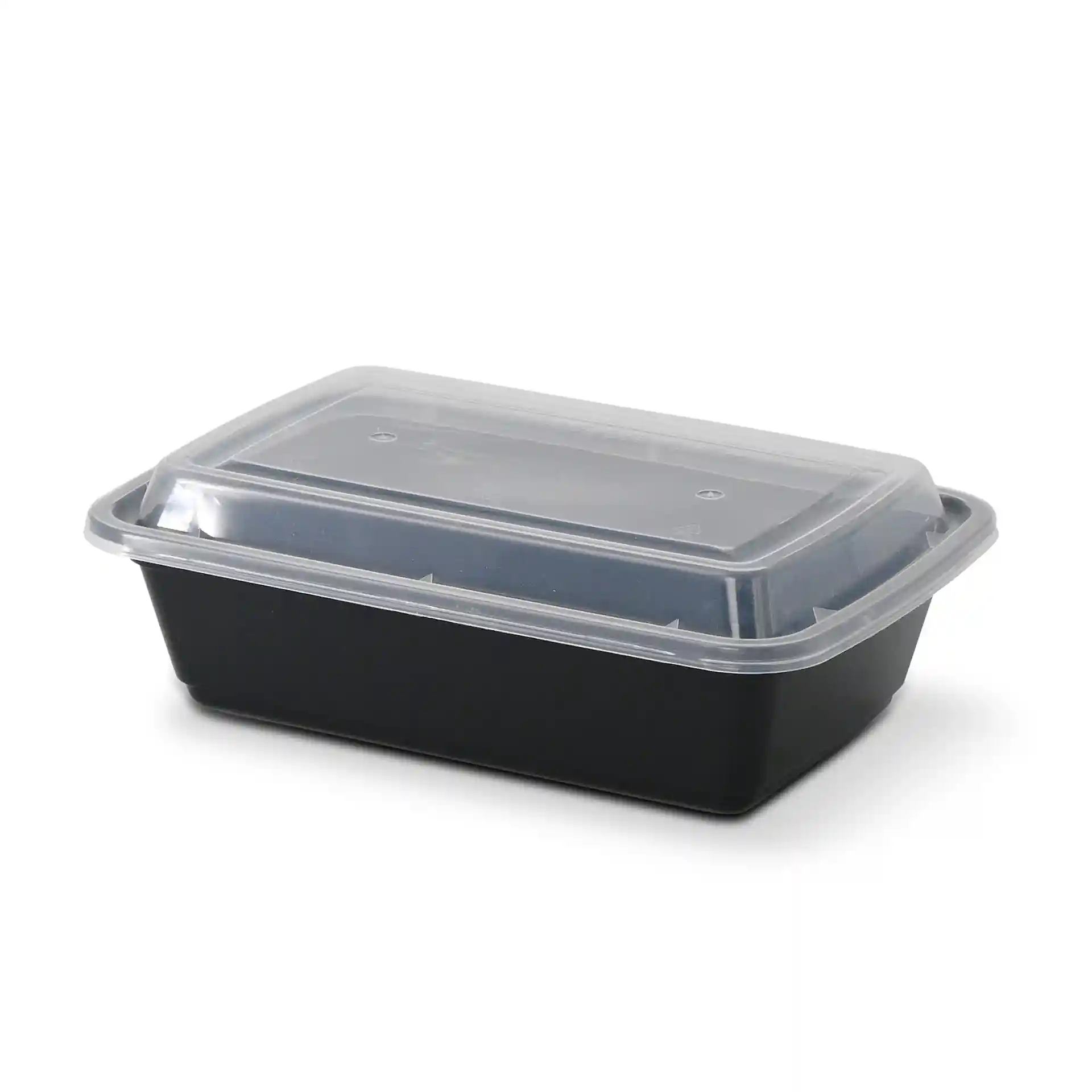 Conteneur rectangulaire noir réutilisable avec un couvercle transparent, mesurant 185 mm de long, 124 mm de large et 44 mm de haut.