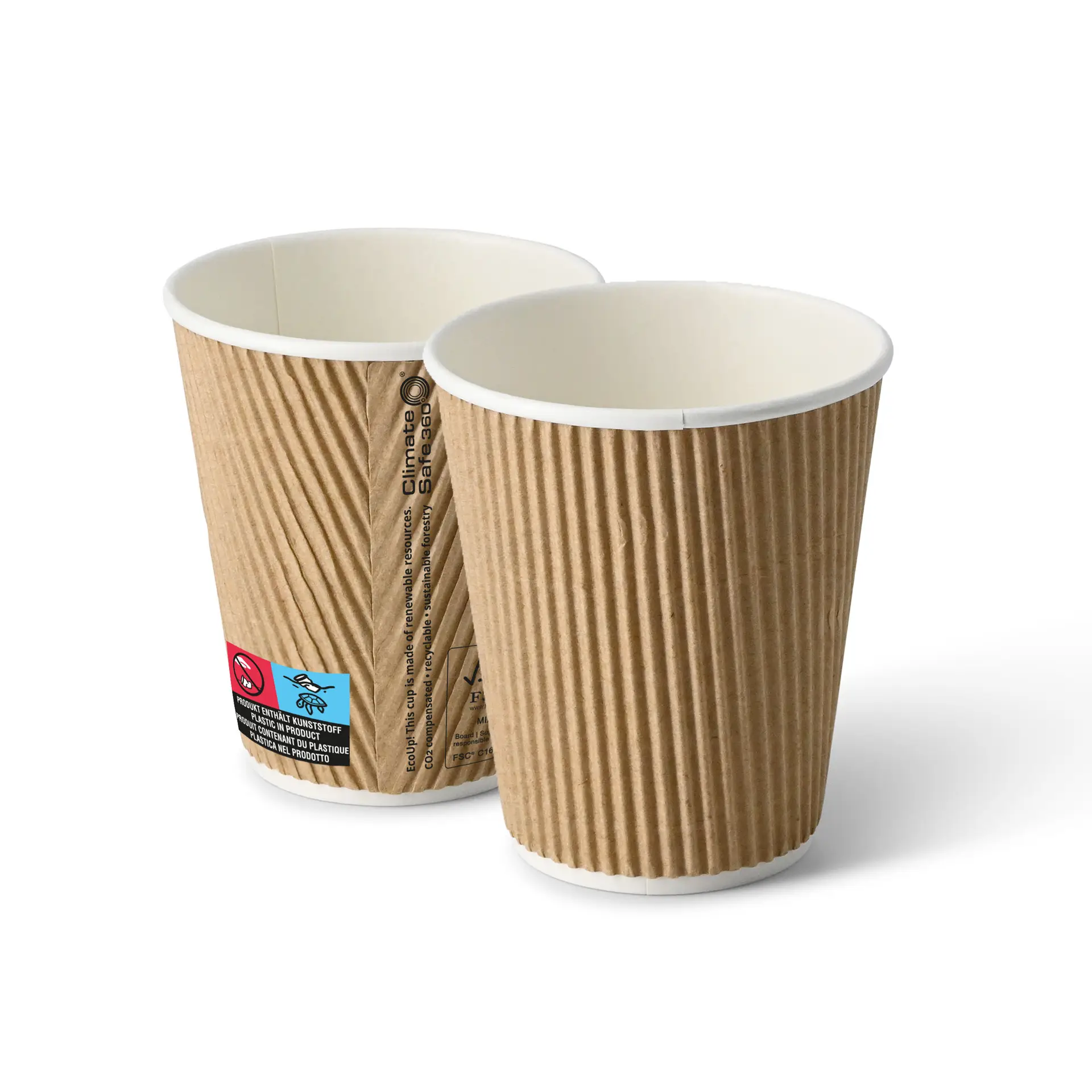 Gobelet en carton ondulé à emporter (revêtu de PE) 25 cl / 8 oz, Ø 90 mm, brun, intérieur blanc