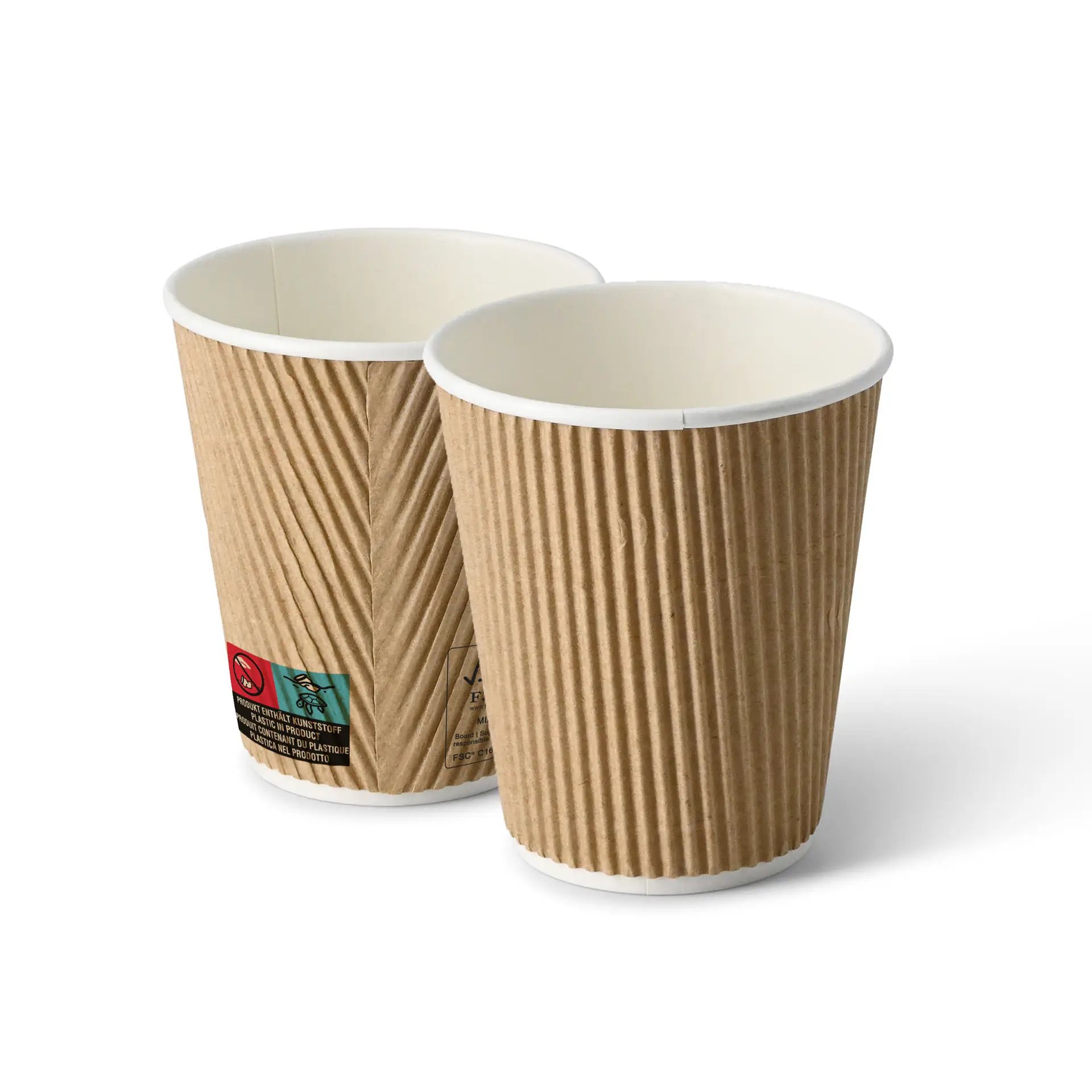 Tasses à café marron ondulées avec doublure intérieure blanche, montrant deux tasses de côté sur un fond uni.