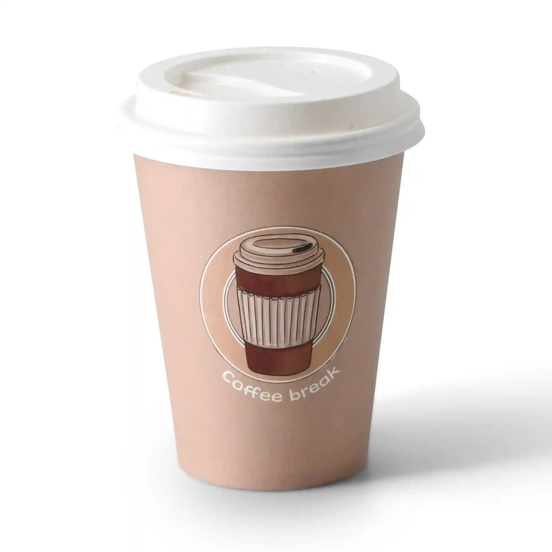 Gobelet en papier brun avec un couvercle blanc, présentant un design de tasse à café et le texte "Pause café."