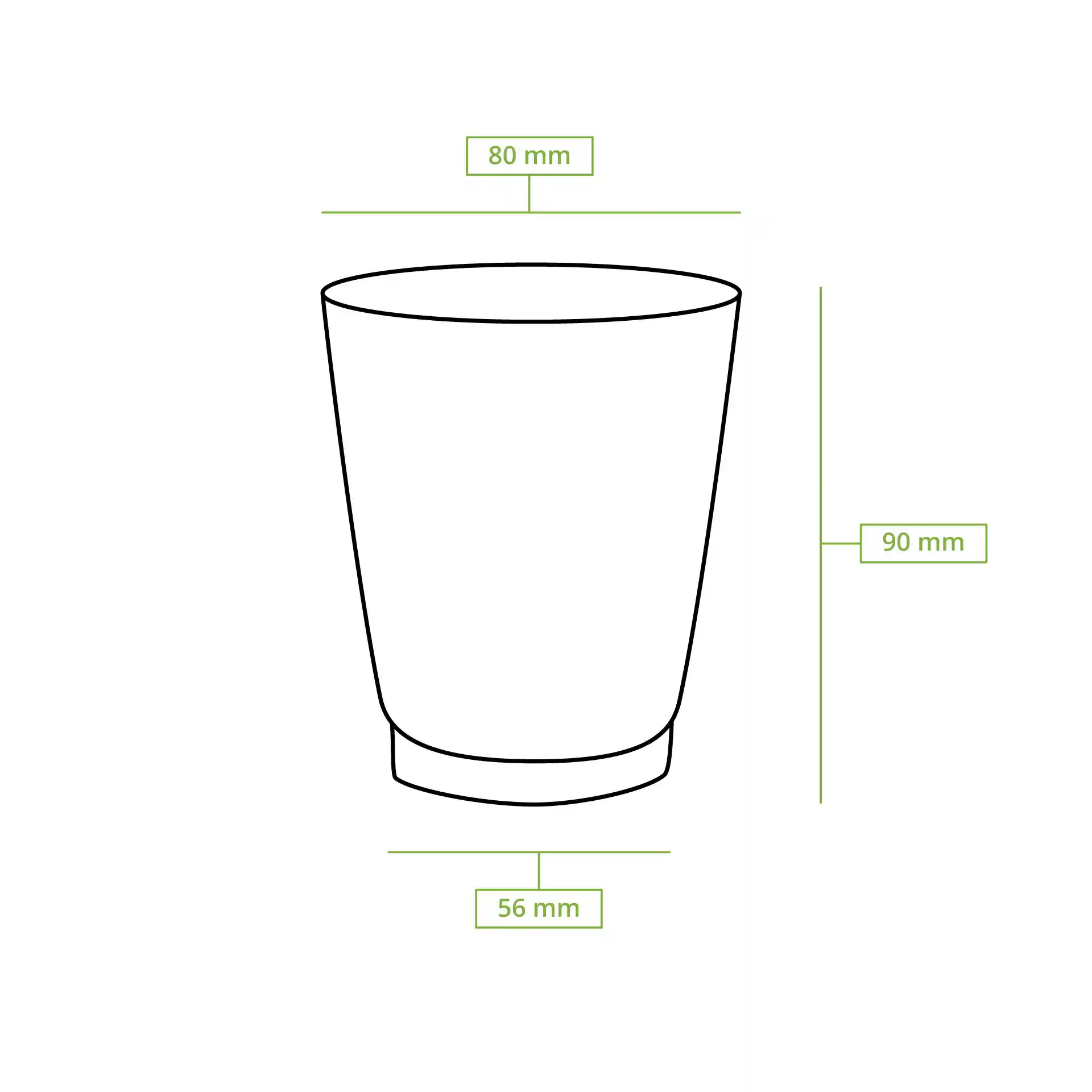 Dessin schématique d'un gobelet à double paroi avec dimensions : 80 mm de diamètre en haut, 90 mm de hauteur, 56 mm de diamètre en bas.