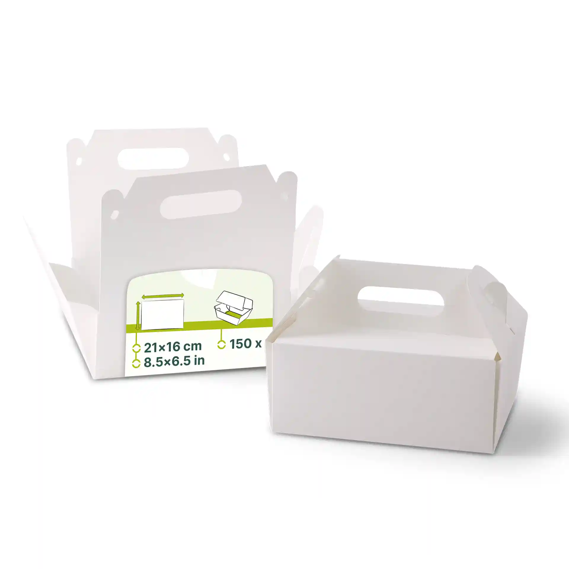 Boîtes à pâtisserie en carton blanc avec poignées, forme rectangulaire, dimensions 21 x 17 x 9 cm, deux boîtes montrées.