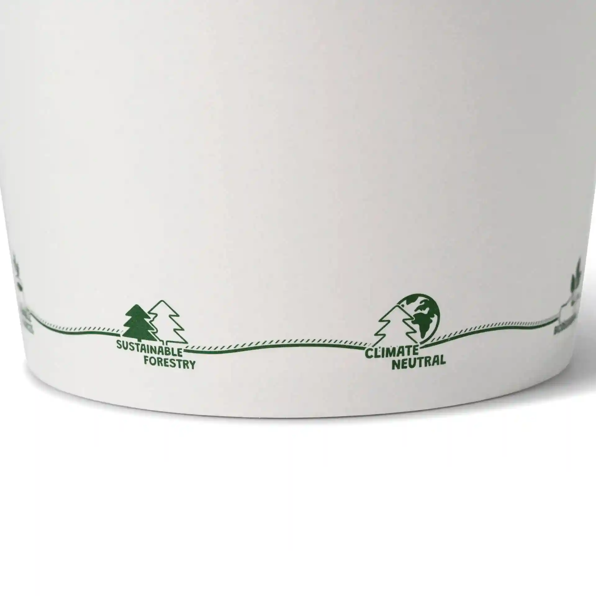 Conteneur rond en carton pour soupe avec des icônes vertes imprimées pour la foresterie durable et la neutralité climatique.