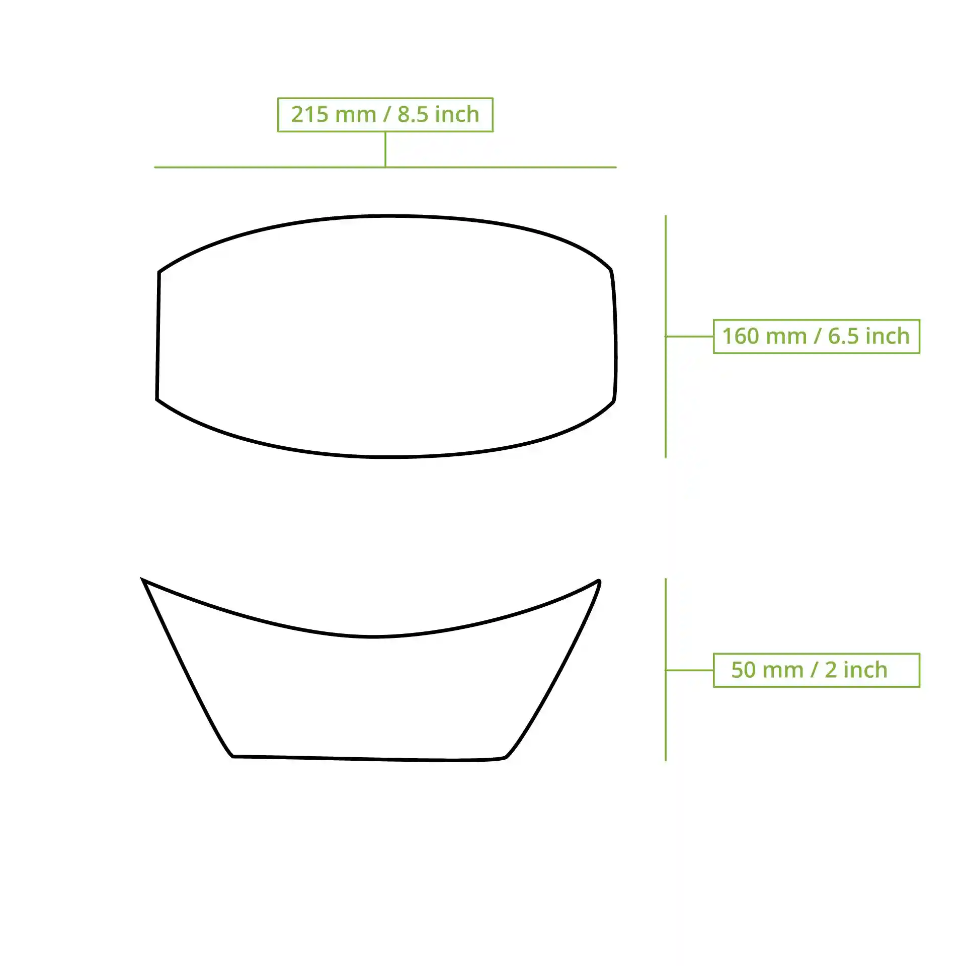 Dessin schématique d'un bol rectangulaire avec dimensions étiquetées : 215 mm de long, 160 mm de large et 50 mm de haut.