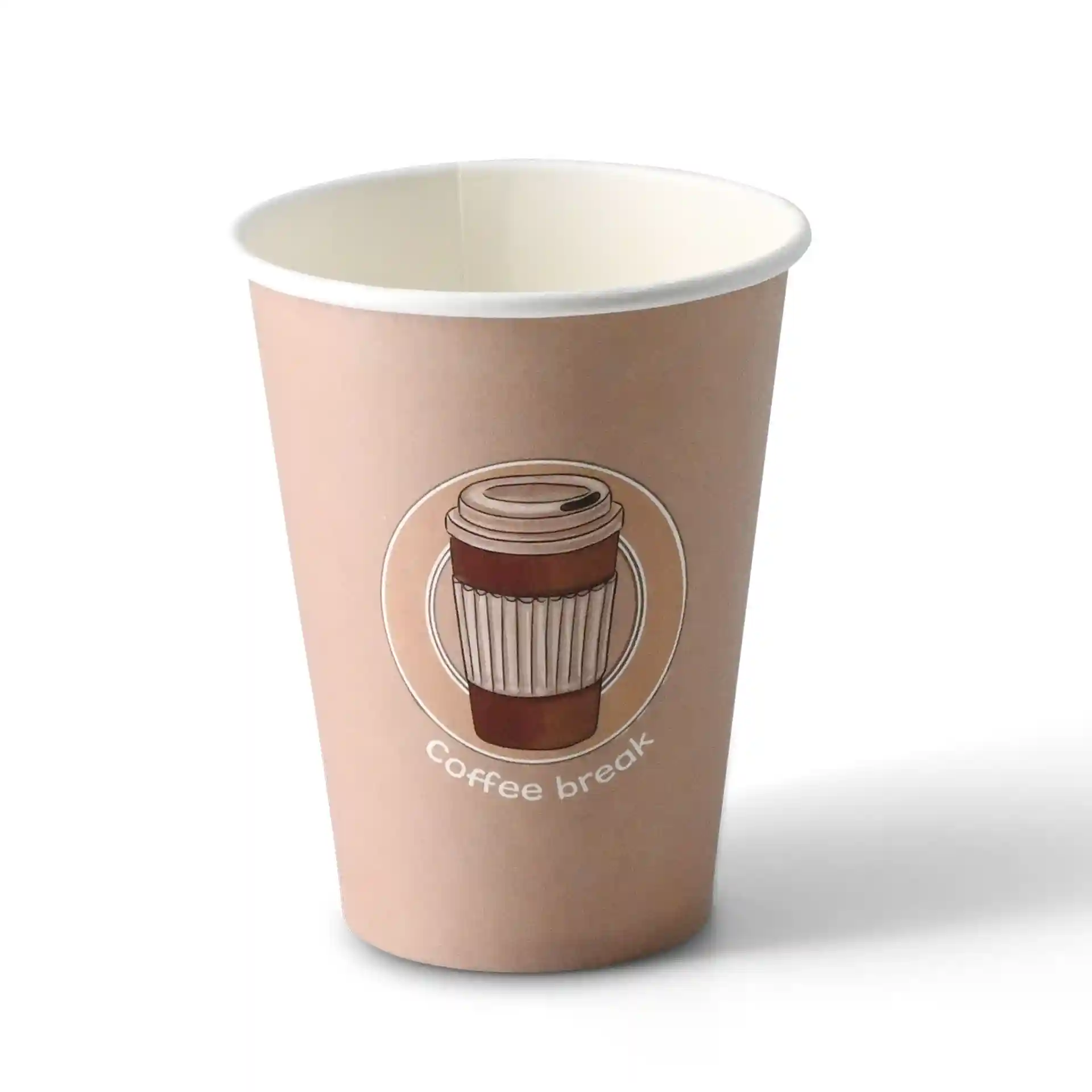 Gobelet en papier brun avec un design de tasse à café imprimé et le texte "pause café", en carton.