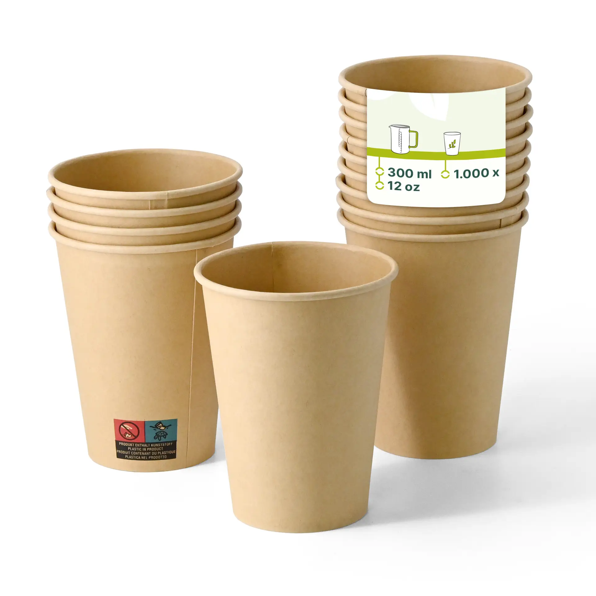 Gobelets en papier marron à paroi simple, 300 ml / 12 oz, empilés avec un gobelet debout et une étiquette montrant les détails.