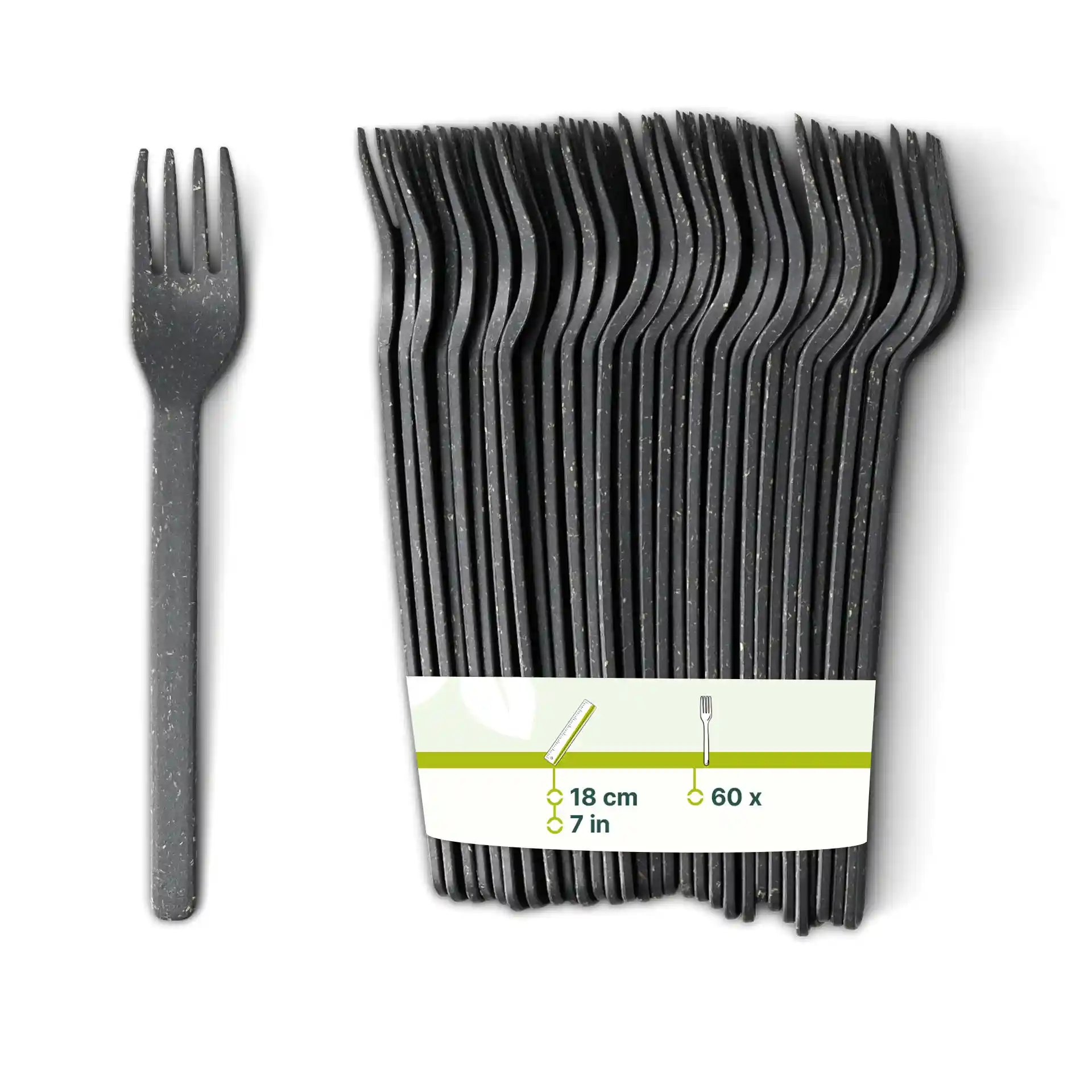 Fourchettes noires réutilisables en composé bio, mesurant 18 cm, disposées avec une étiquette indiquant 60 unités.