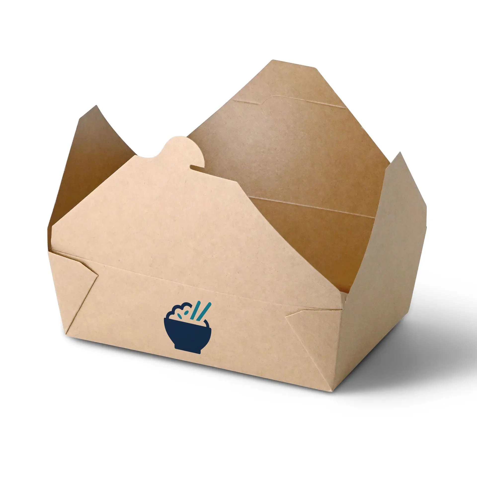 Boîte à emporter en carton résistant avec logo imprimé; conçue pour des plats chauds et sauce; emballage personnalisable.