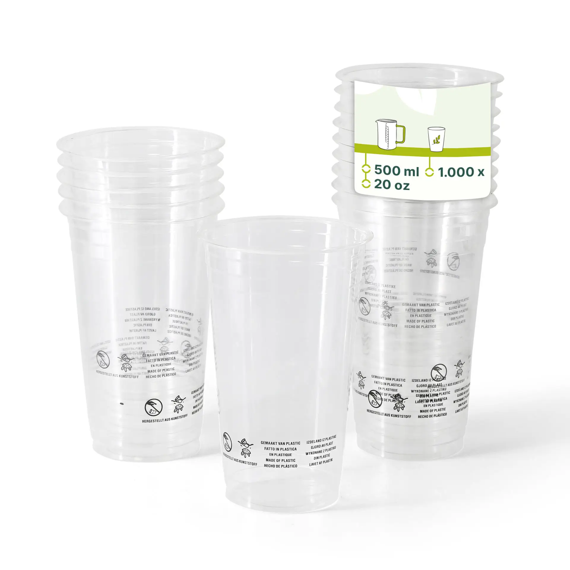 Empilement de verres jetables transparents, avec plusieurs visibles ; chaque verre contient 500 ml pour les boissons froides.