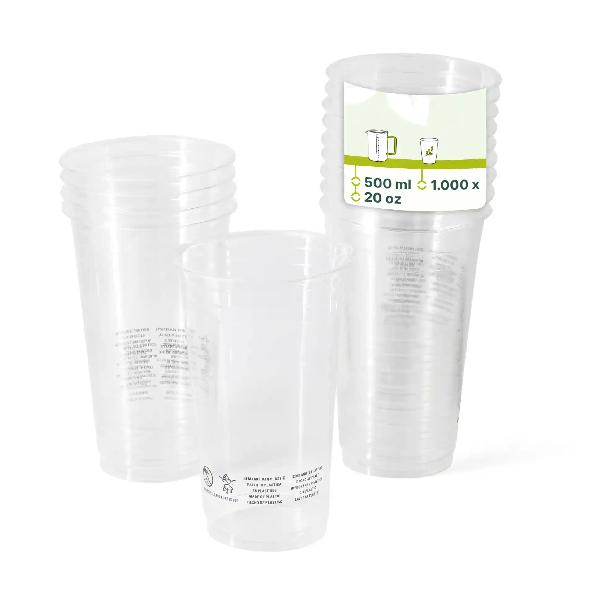 Gobelets en plastique PLA transparents empilés, chacun d'une capacité de 500 ml et d'un diamètre de 95 mm.