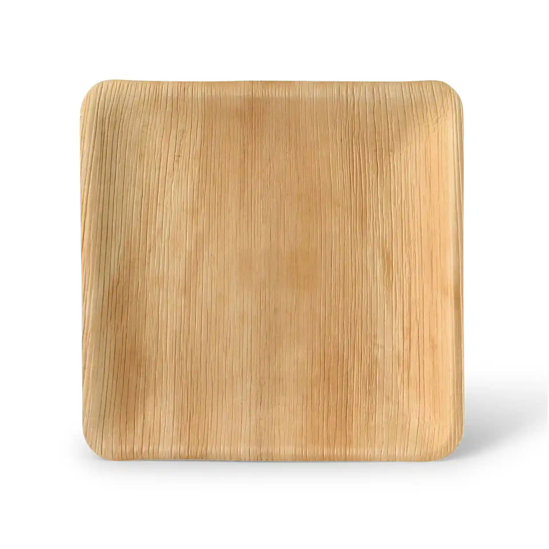 Assiette carrée en feuille de palmier avec texture naturelle, mesurant 23 x 23 cm et 2,4 cm de hauteur.