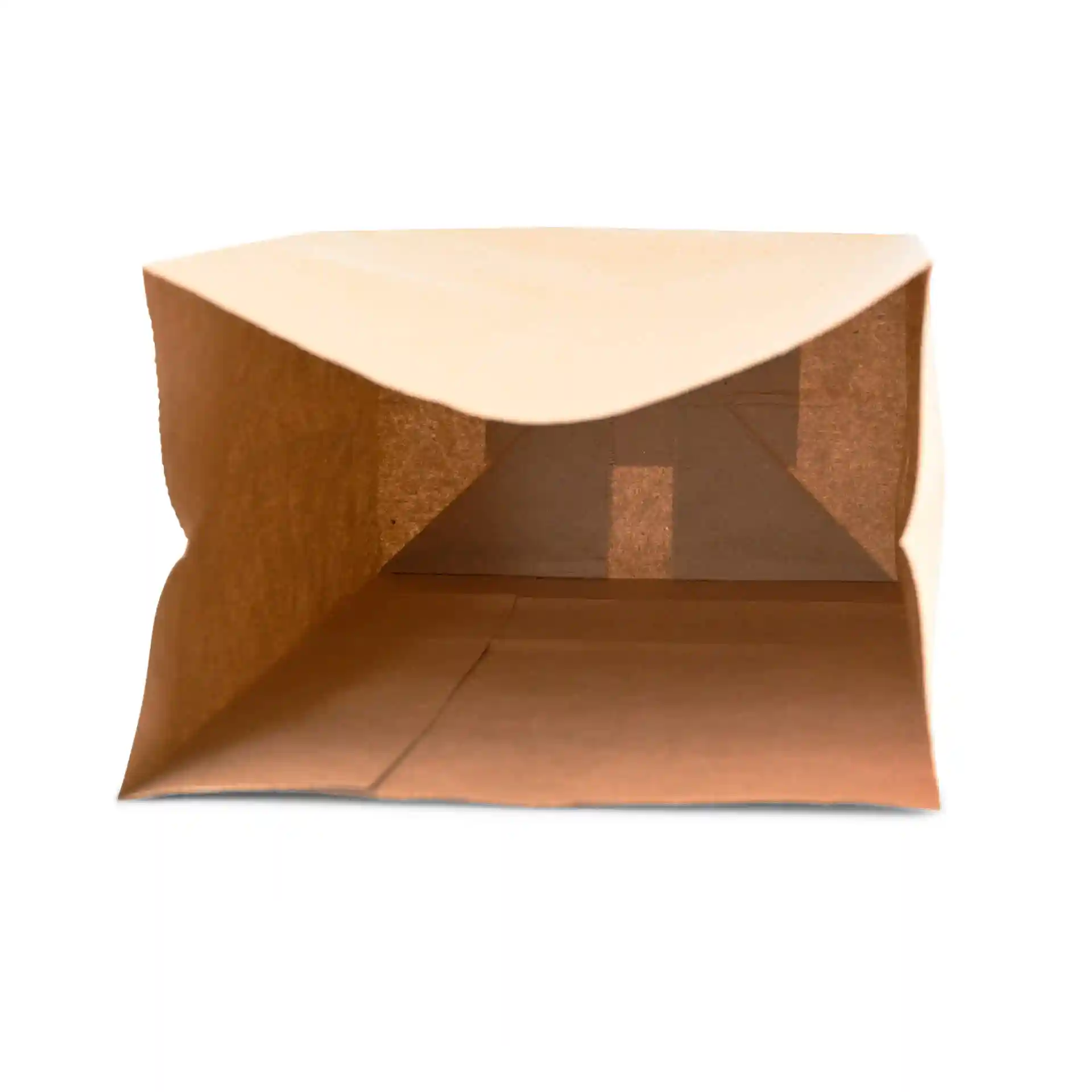 Sac en papier kraft brun à fond plat ouvert, montrant les dimensions intérieures et la structure.