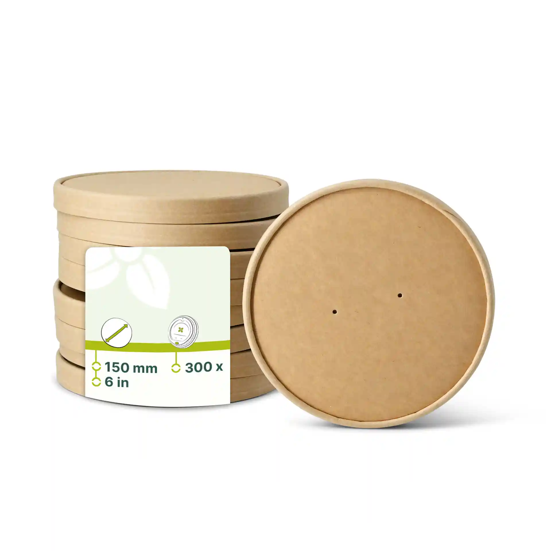 Couvercles en papier ronds bruns de 150 mm de diamètre, empilés avec une étiquette indiquant les détails du produit.