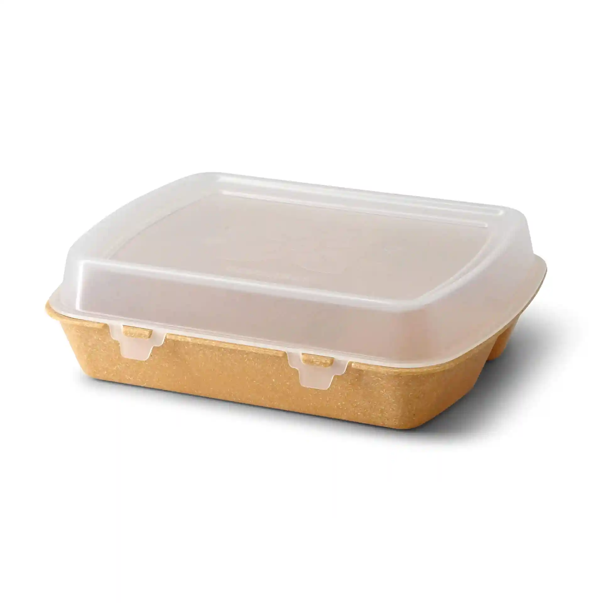 Conteneur de repas réutilisable avec un couvercle transparent, base marron et trois compartiments, mesurant 24,5 x 20 x 4,5 cm.