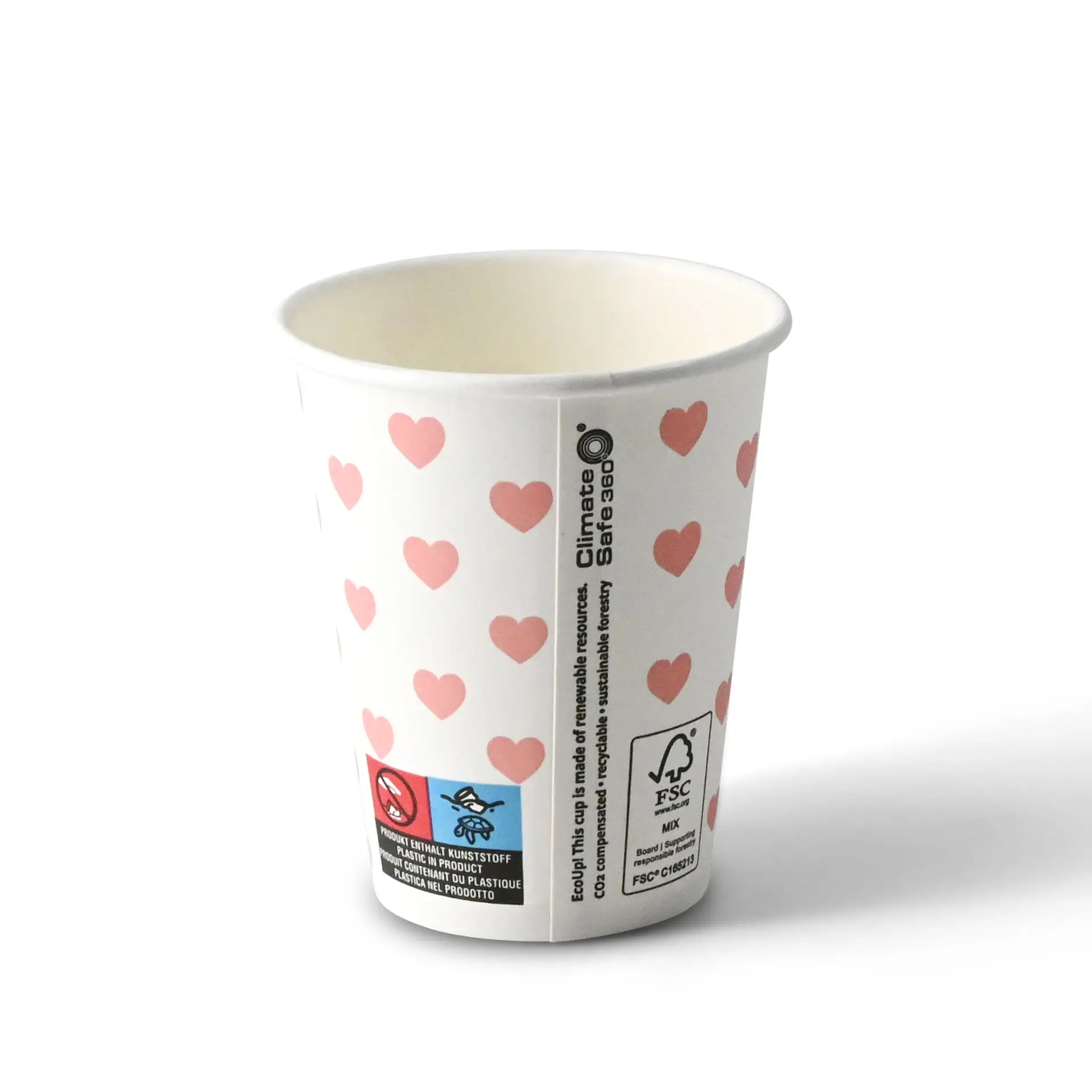 Gobelet en papier imprimé "Hearts" (revêtu) 200 ml / 8 oz, Ø 80 mm, blanc con10032-01-1-pappbecher-bedruckt-hearts-beschichtet-200-ml-8-oz-80-mm-weiss-1