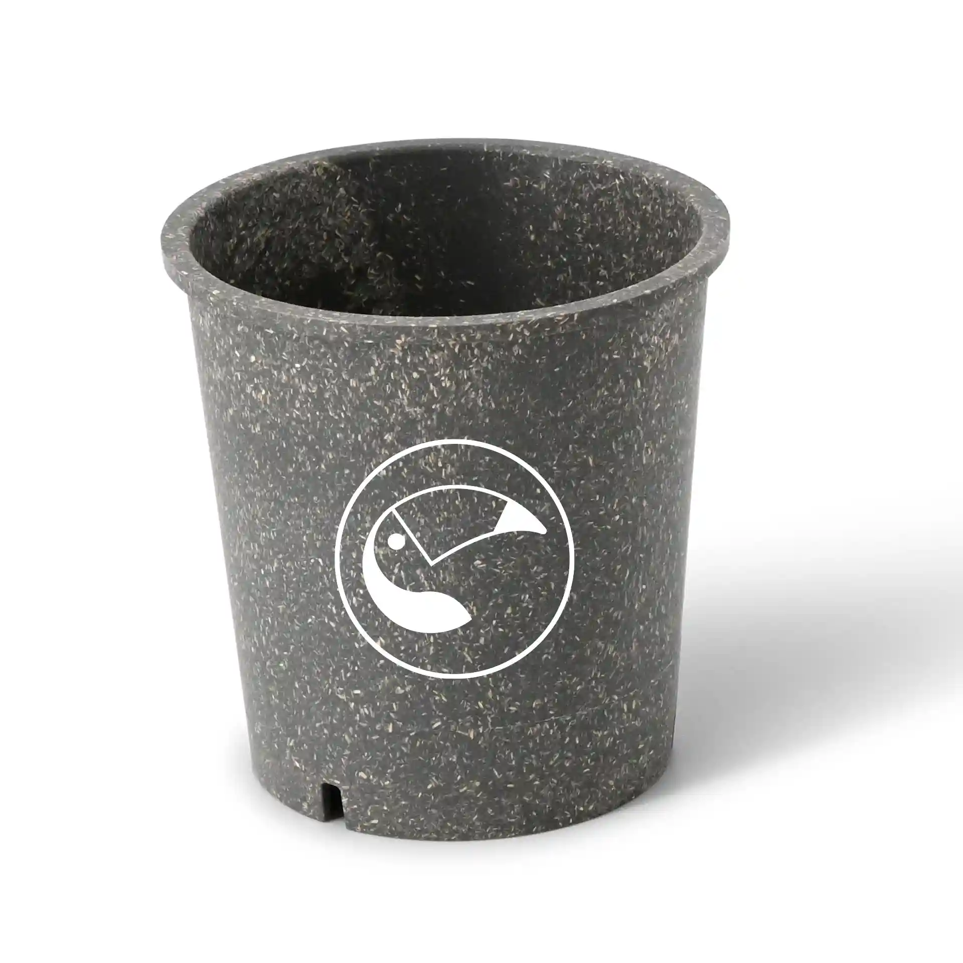 Bol de soupe réutilisable gris rond en matériau bio, avec un logo blanc à l'avant.