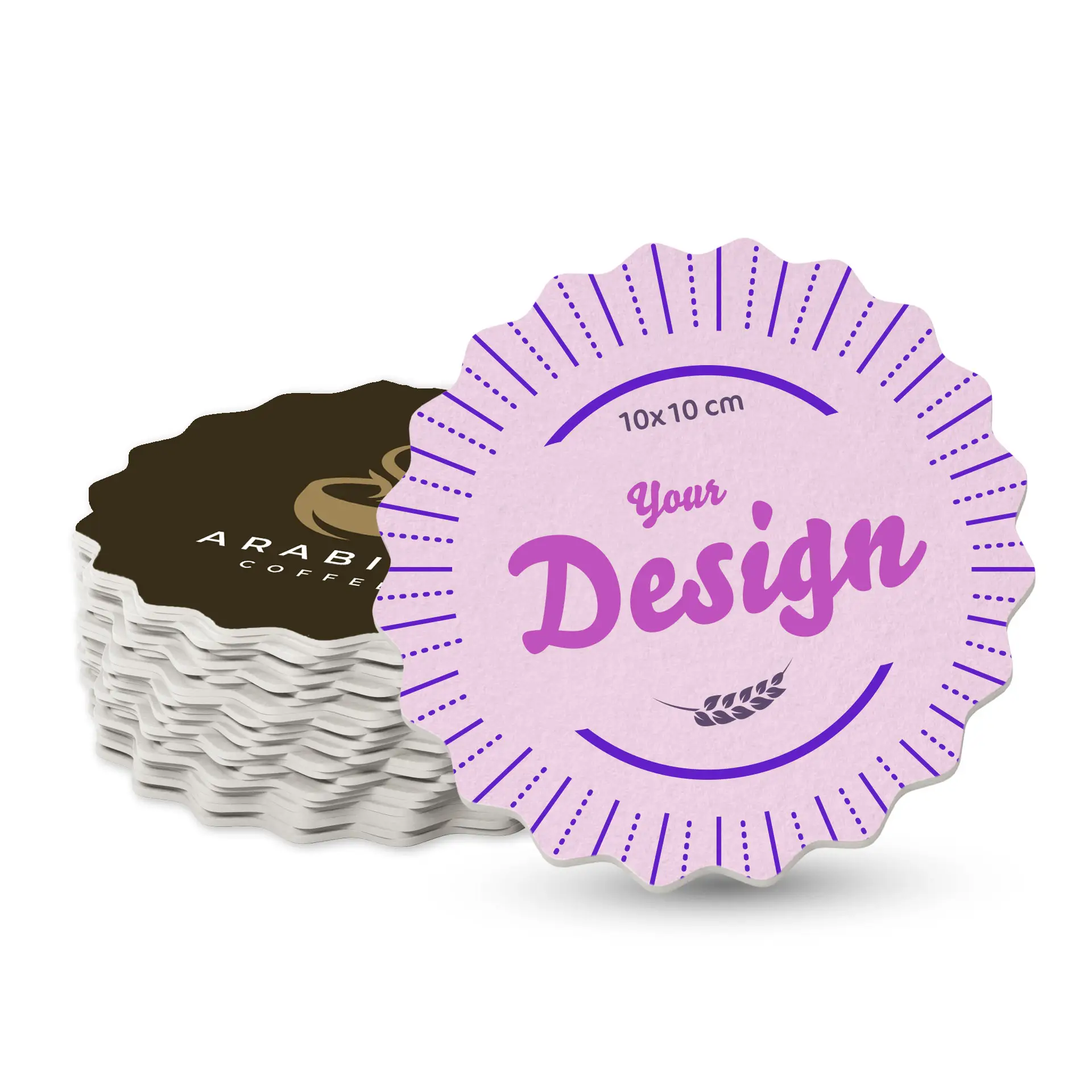 Deux sous-verres imprimés en forme de bouchon de bouteille avec un design de toucan coloré sur fond blanc.