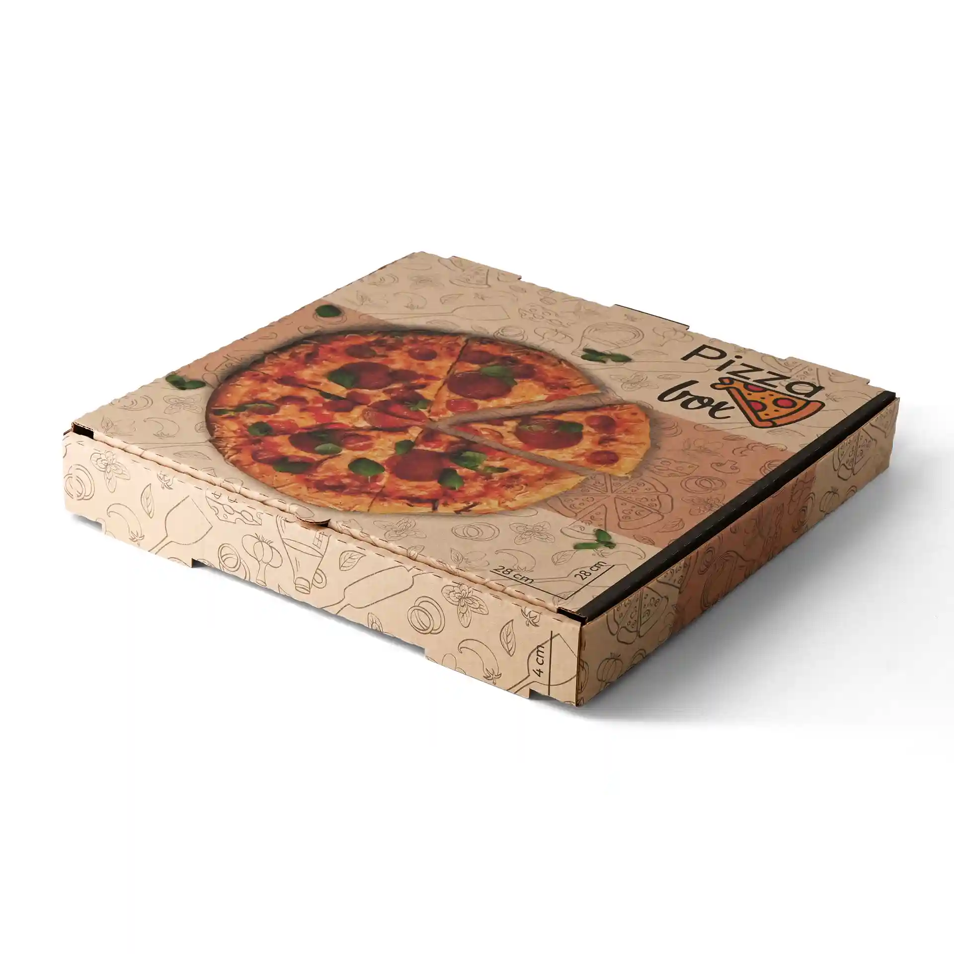 Boîte à pizza marron avec un design de pizza imprimé sur le dessus, mesurant 28 x 28 x 4 cm.