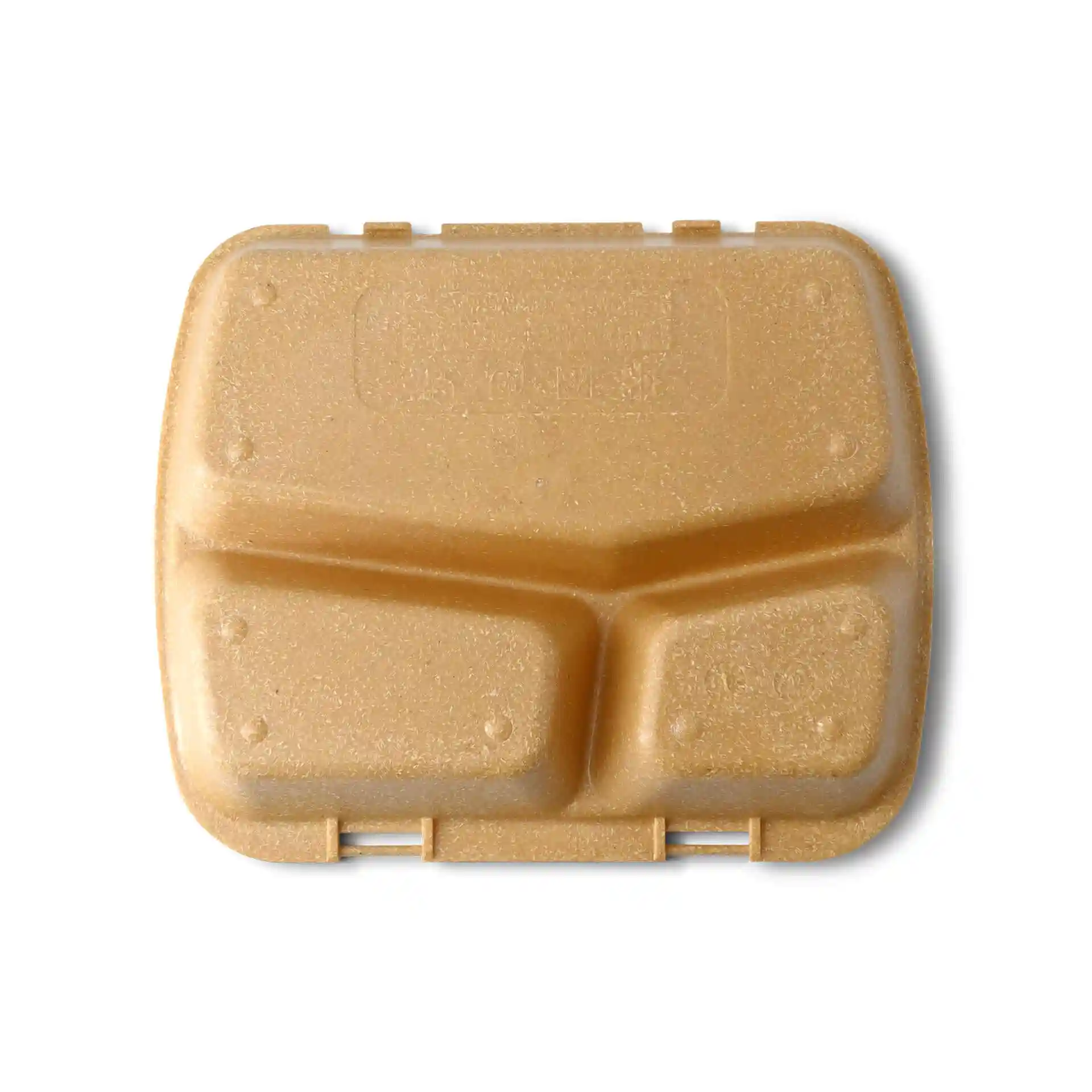 Conteneur de repas réutilisable marron avec trois compartiments, mesurant 24,5 x 20 x 4,5 cm.