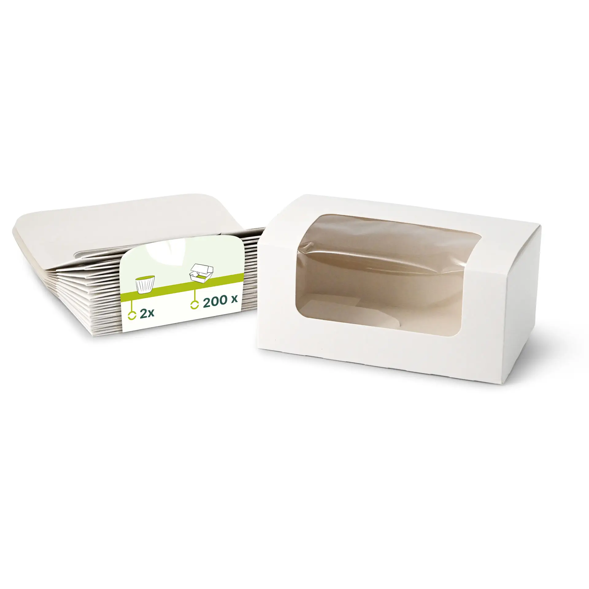 Boîtes à cupcakes blanches en deux parties avec une fenêtre en cellulose, adaptées aux muffins, brownies et petites pâtisseries.