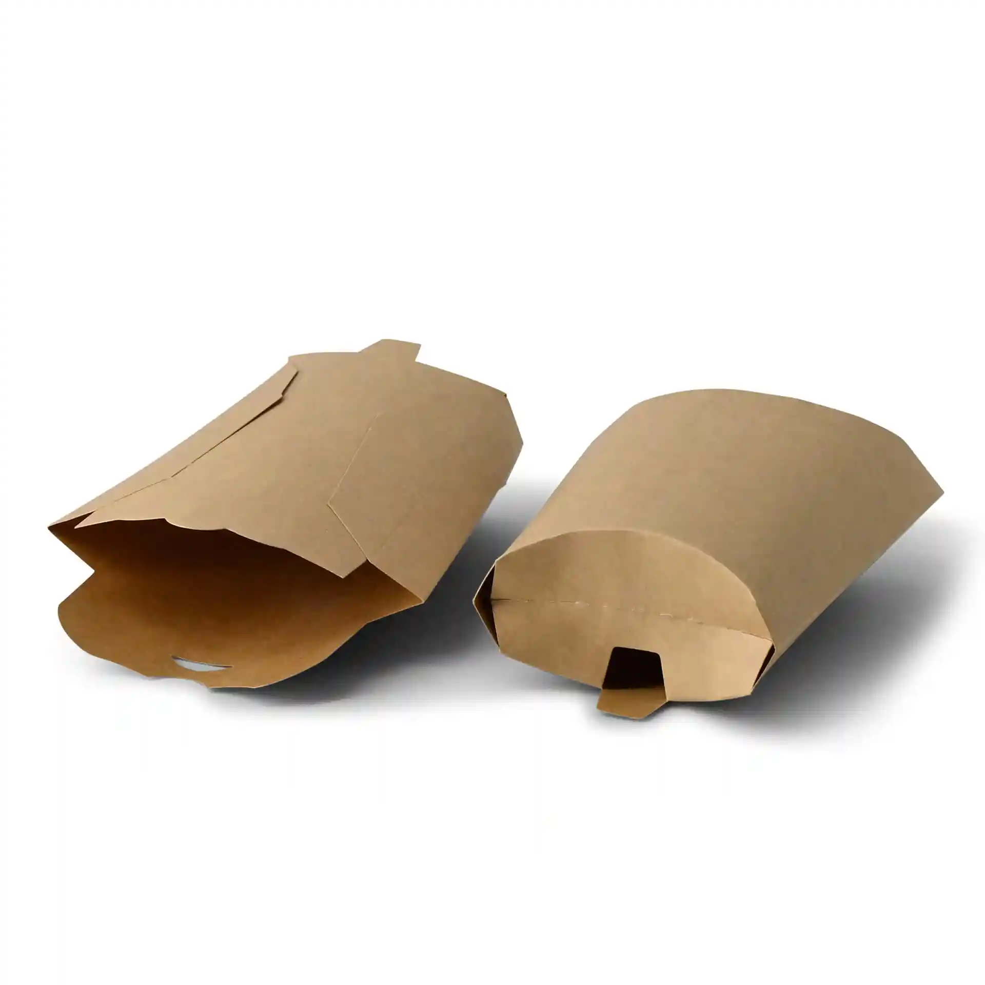 Deux pelles en carton marron, l'une partiellement ouverte, montrant leur forme et leur design.