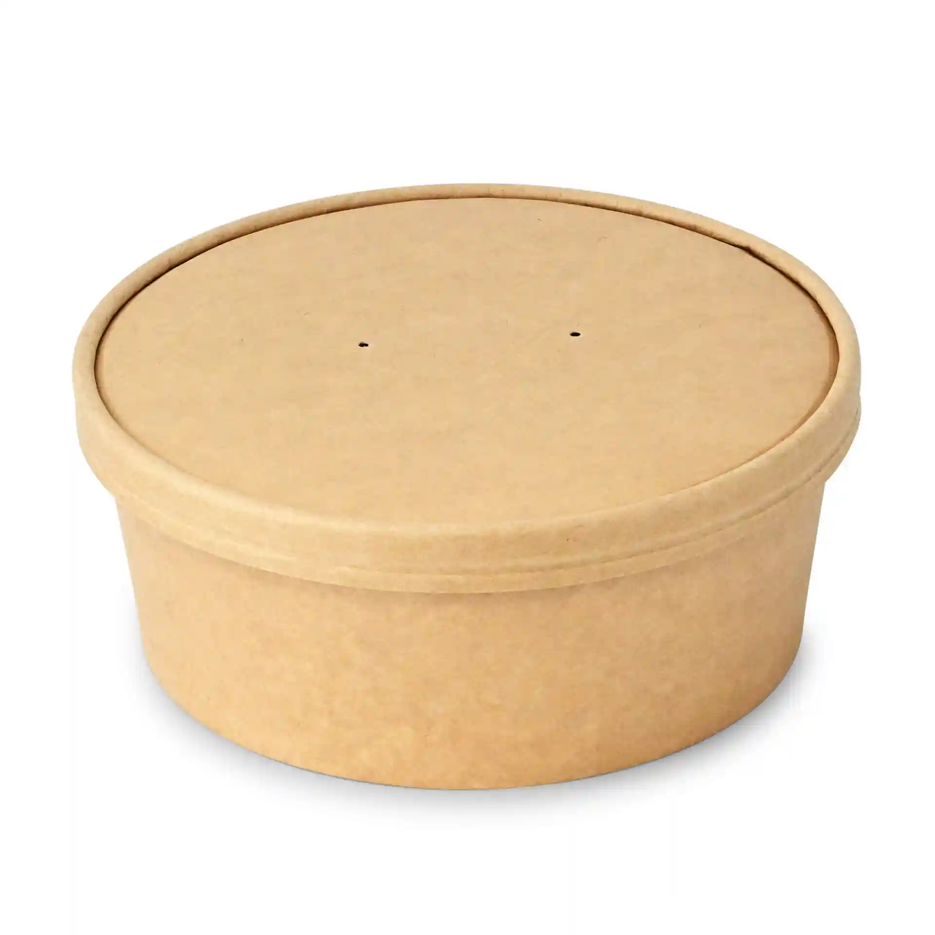 Couvercle rond en carton brun avec surface enduite, conçu pour des bols en papier, avec deux petits trous sur le dessus.