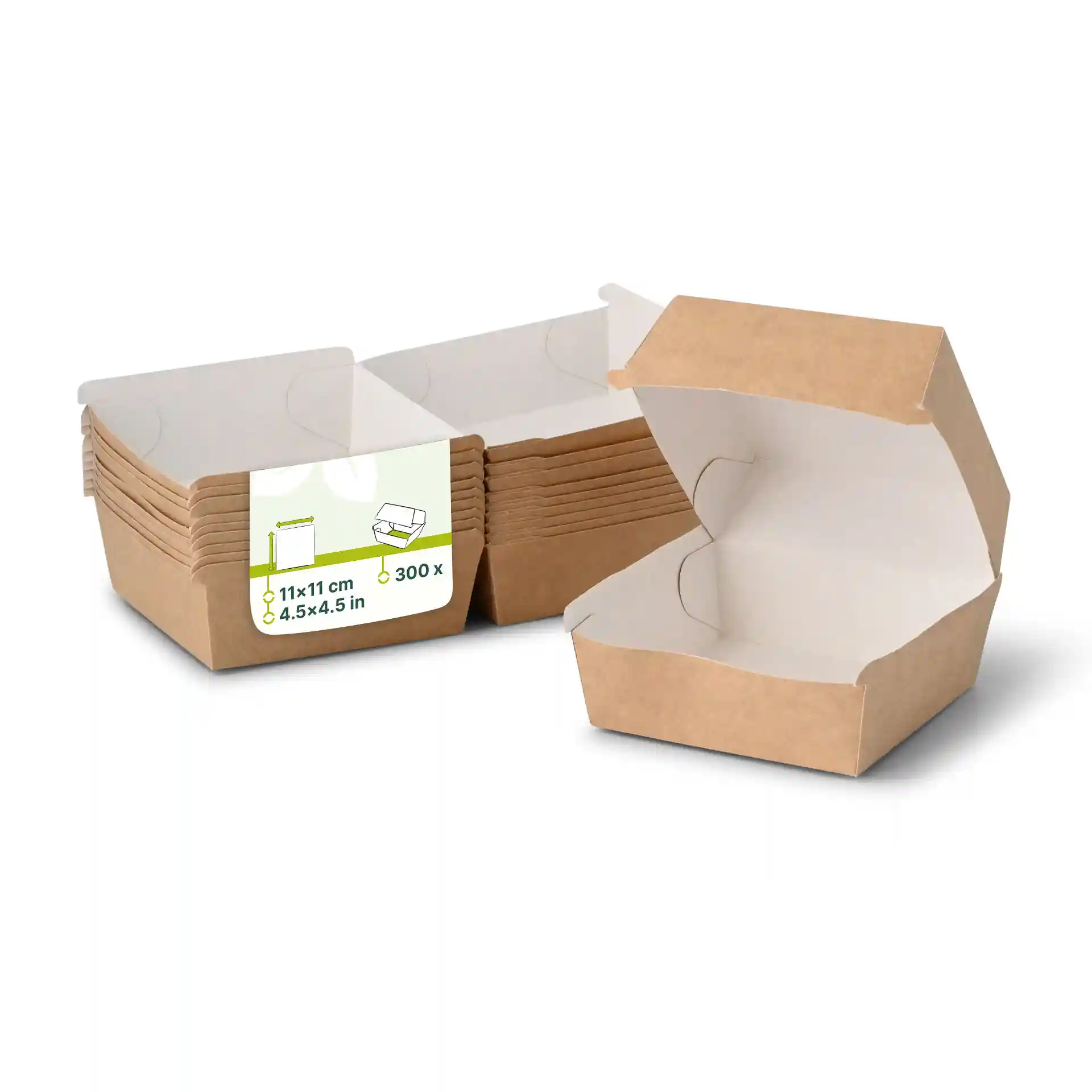 Boîtes à burger à emporter en carton brun de forme rectangulaire, montrant plusieurs empilées et une ouverte.