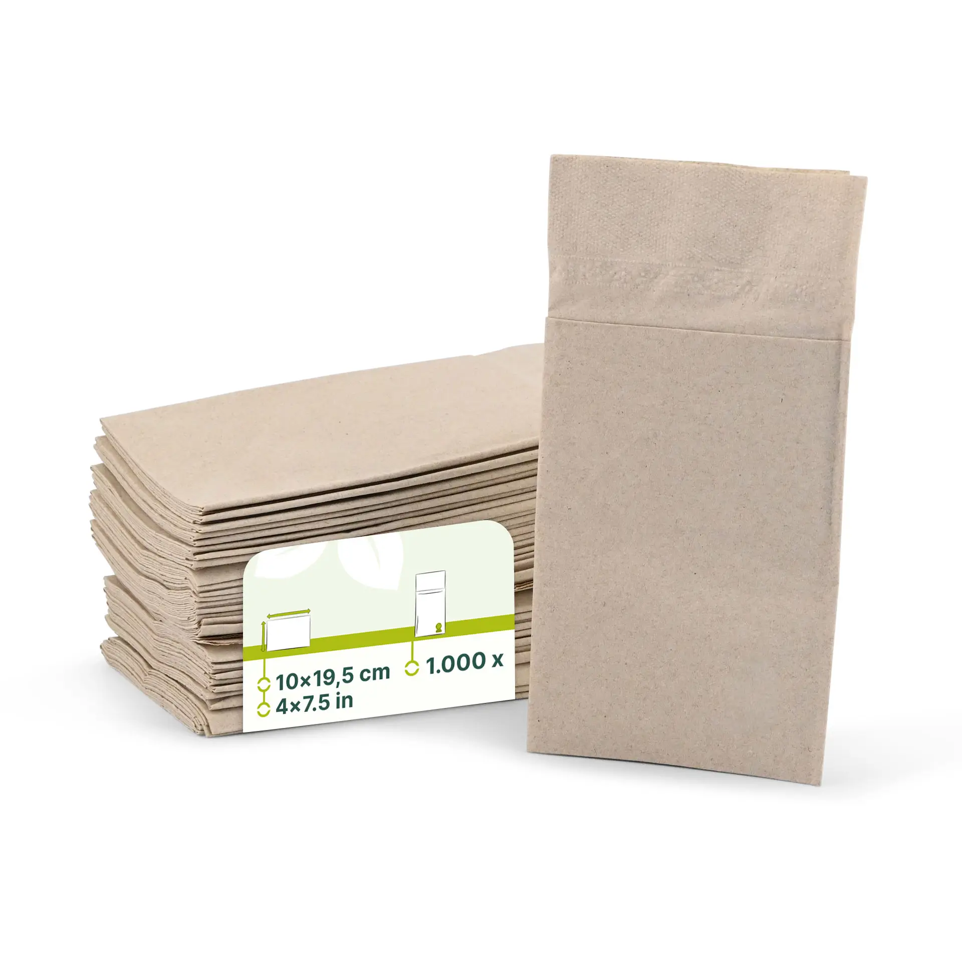 Empilement de pochettes en papier recyclé non blanchi à 2 couches, avec une pochette debout et une étiquette indiquant les dimensions.