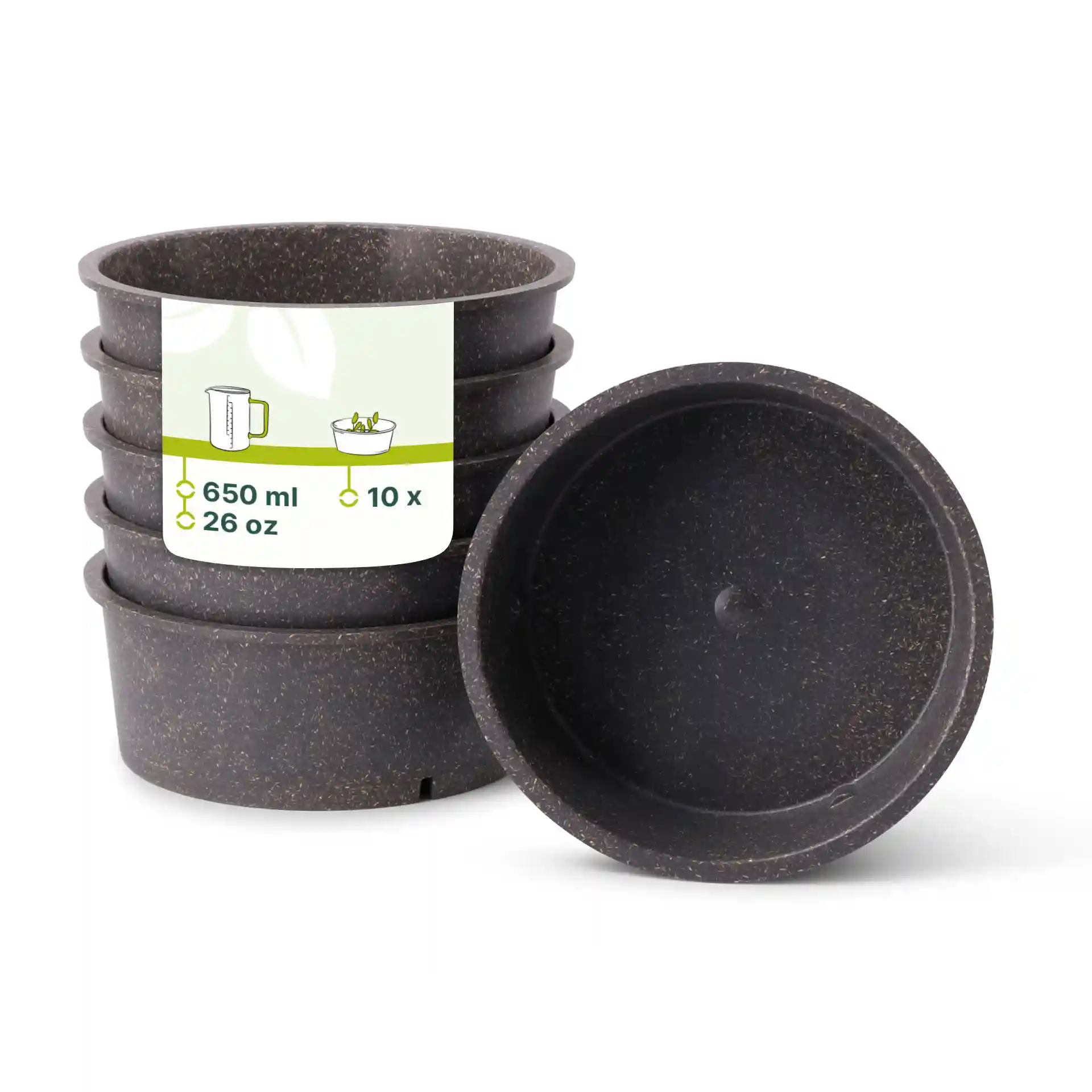 Ensemble de dix bols ronds réutilisables gris, chacun d'une capacité de 650 ml et d'un diamètre de 156 mm.