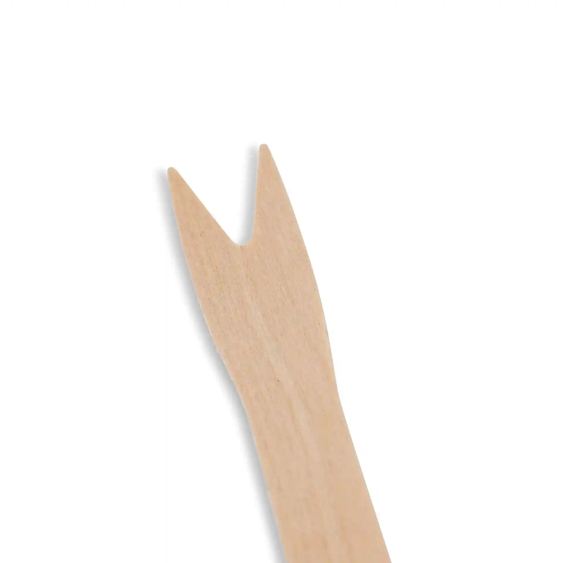 Fourchette en bois, 8,5 cm de long, avec une extrémité fourchue, en bois brun sur fond uni.